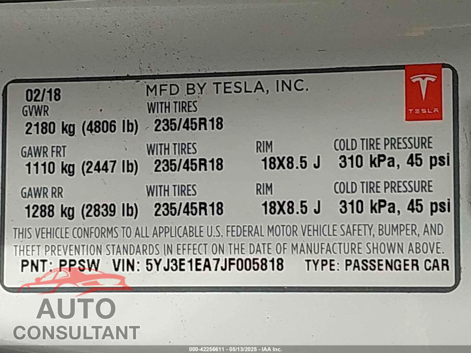 TESLA MODEL 3 2018 - 5YJ3E1EA7JF005818
