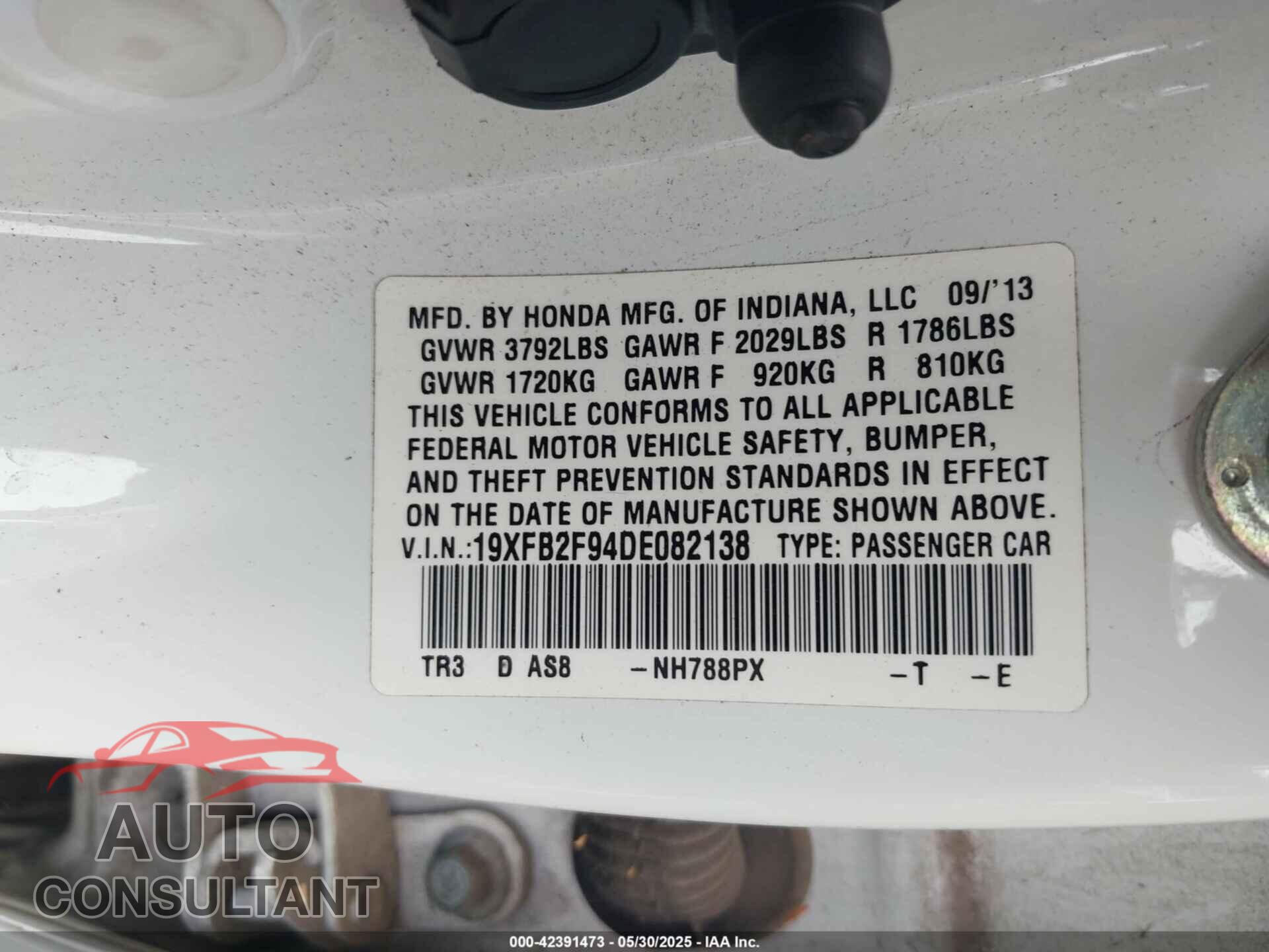 HONDA CIVIC 2013 - 19XFB2F94DE082138