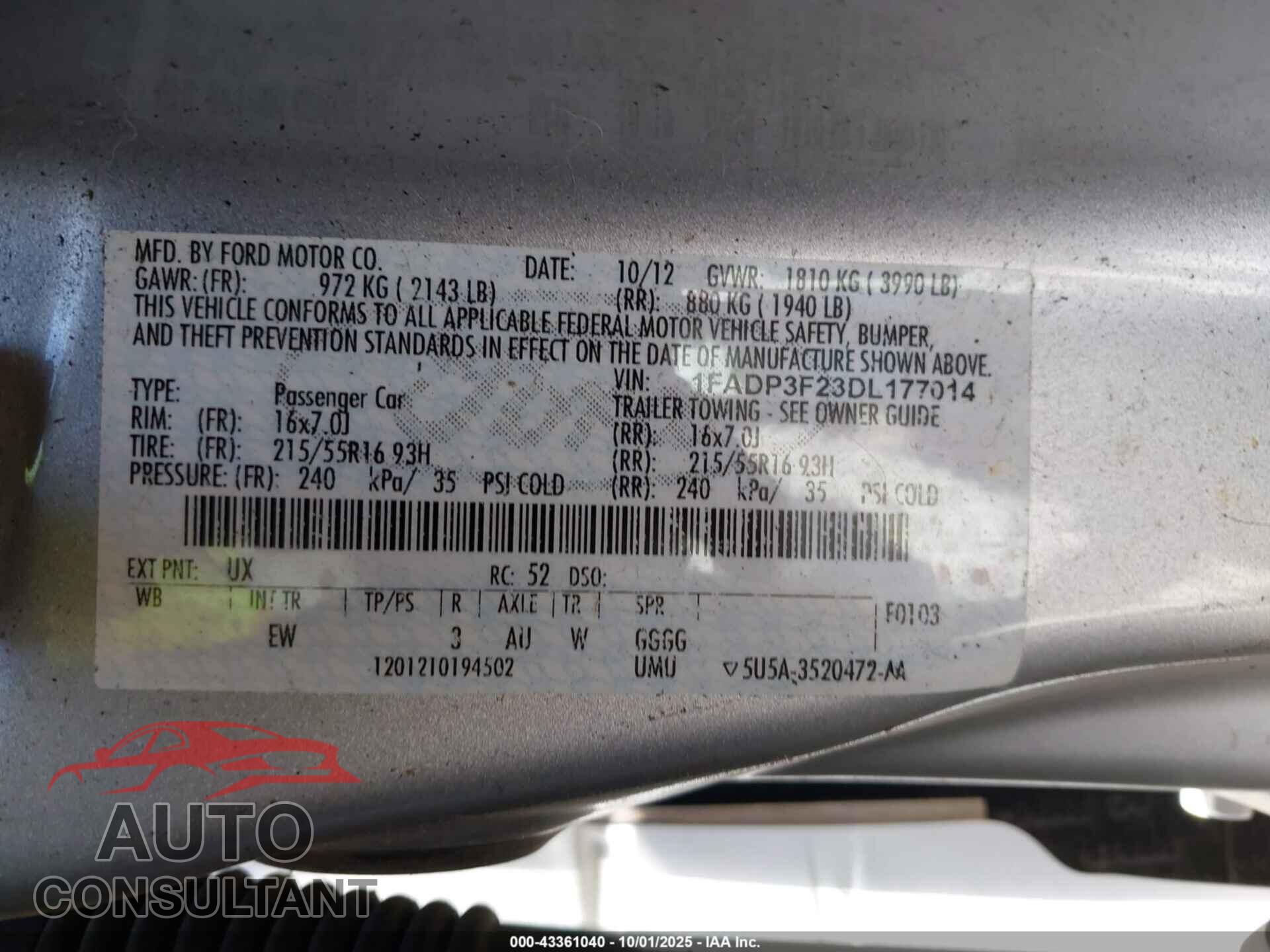 FORD FOCUS 2013 - 1FADP3F23DL177014
