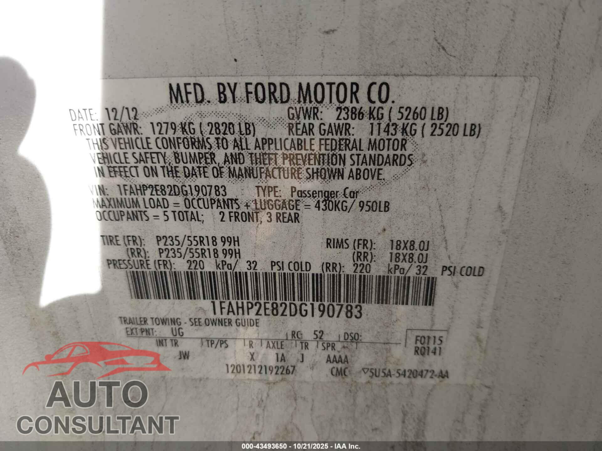 FORD TAURUS 2013 - 1FAHP2E82DG190783