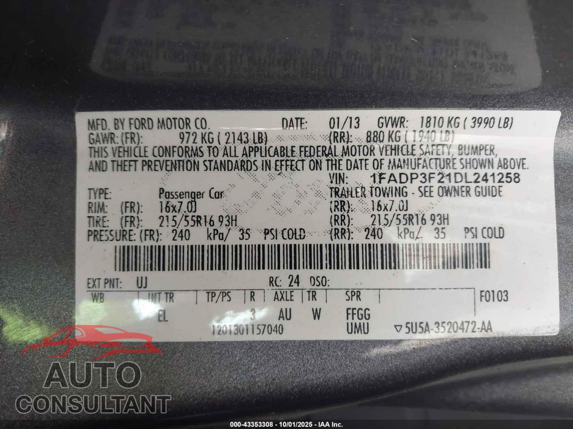 FORD FOCUS 2013 - 1FADP3F21DL241258
