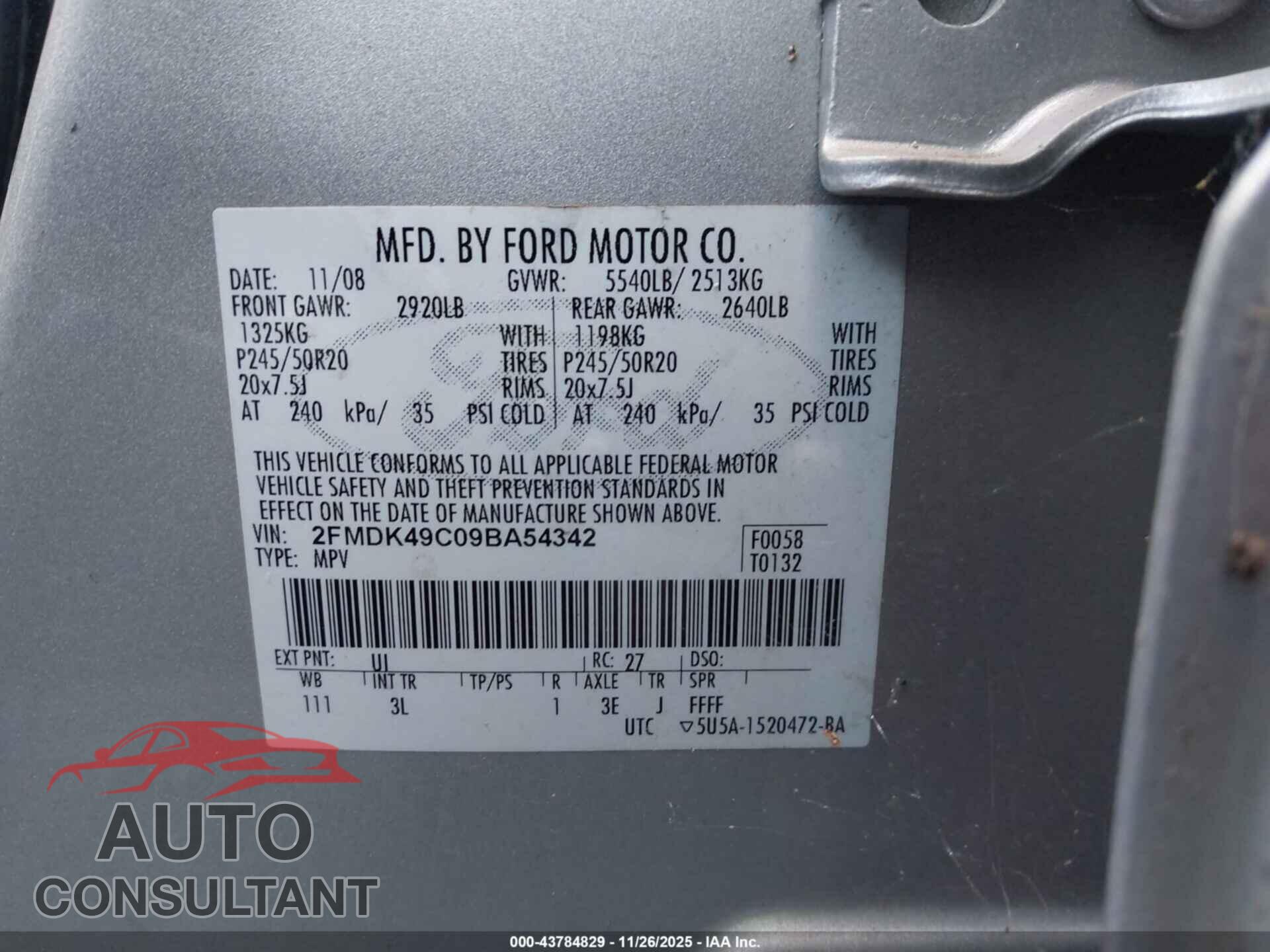 FORD EDGE 2009 - 2FMDK49C09BA54342