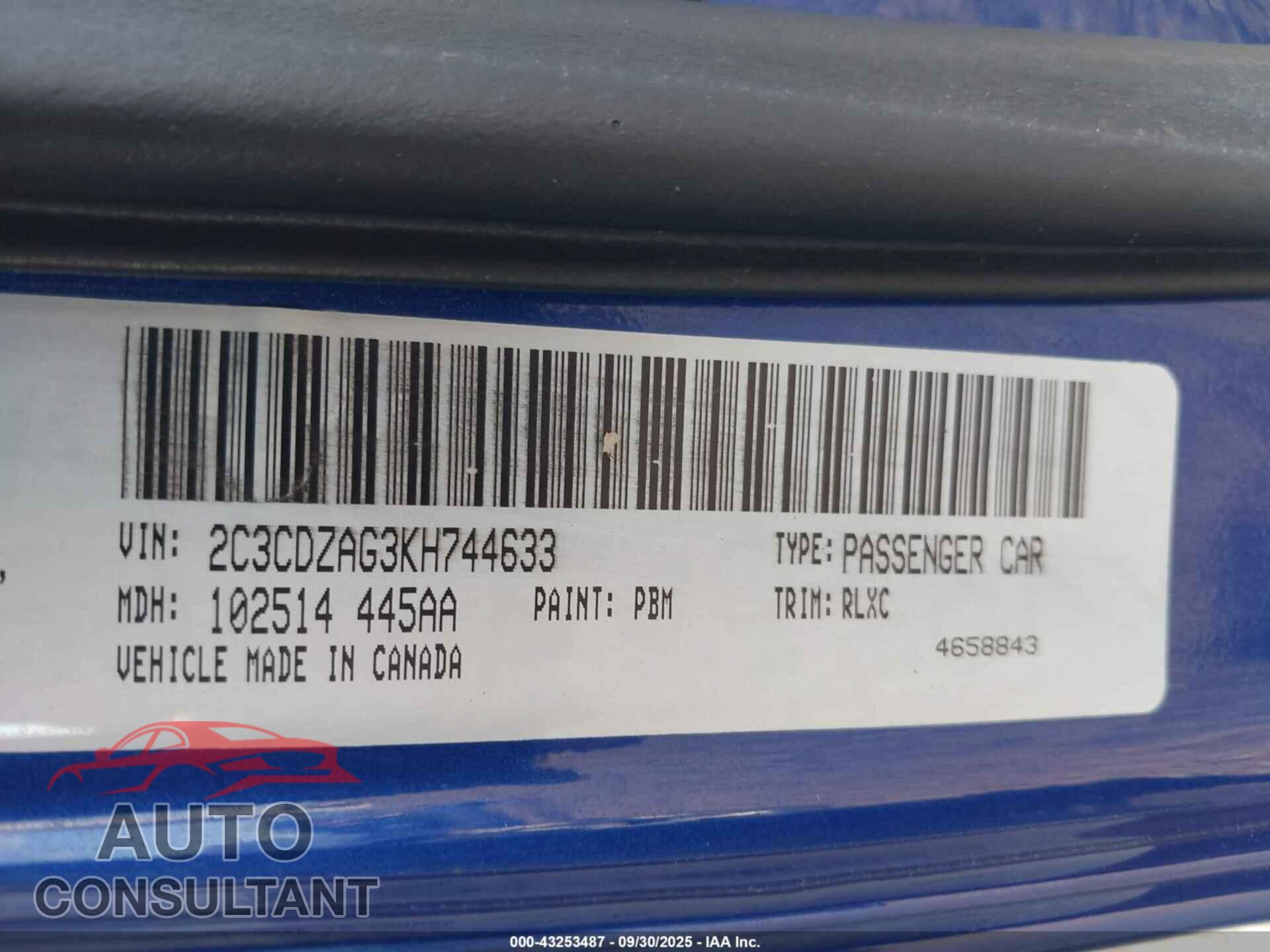 DODGE CHALLENGER 2019 - 2C3CDZAG3KH744633