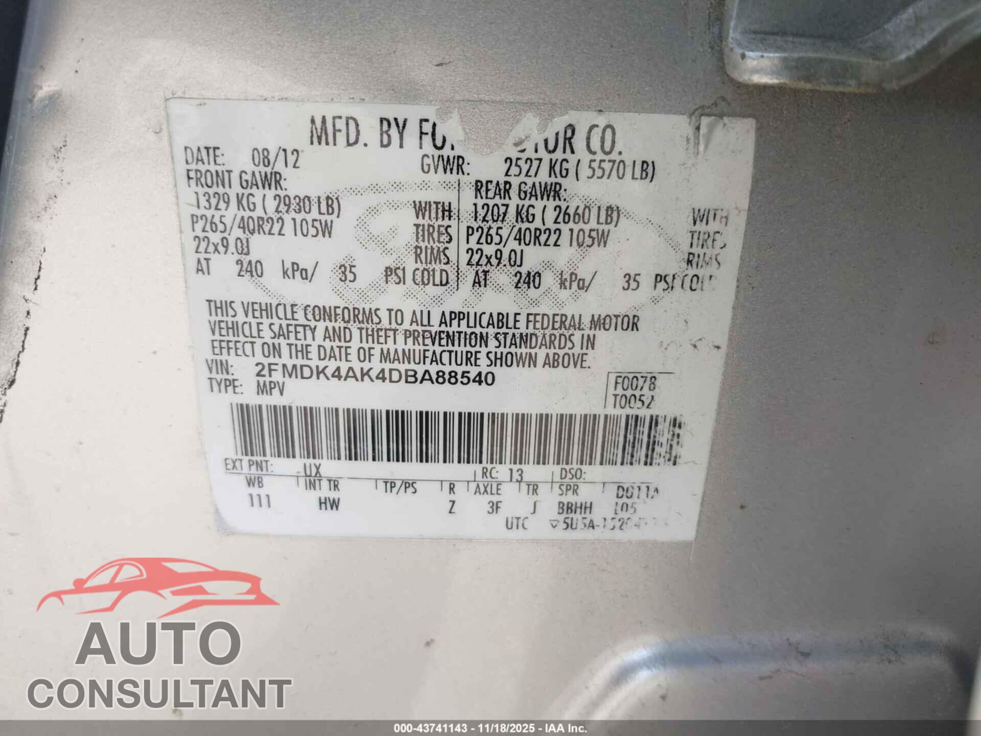 FORD EDGE 2013 - 2FMDK4AK4DBA88540