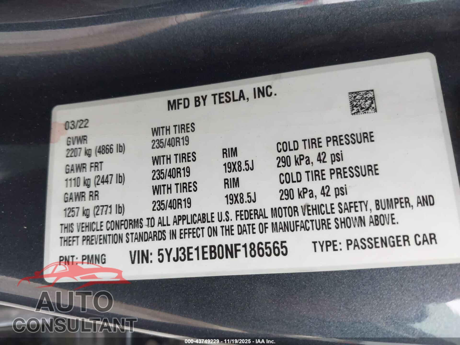 TESLA MODEL 3 2022 - 5YJ3E1EB0NF186565