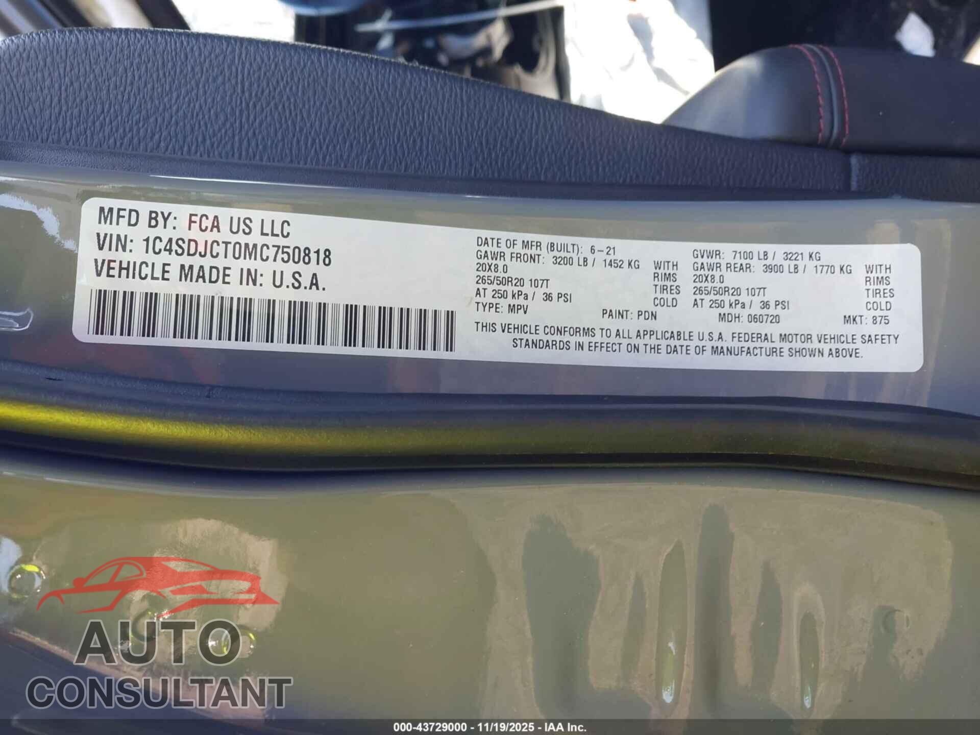 DODGE DURANGO 2021 - 1C4SDJCT0MC750818