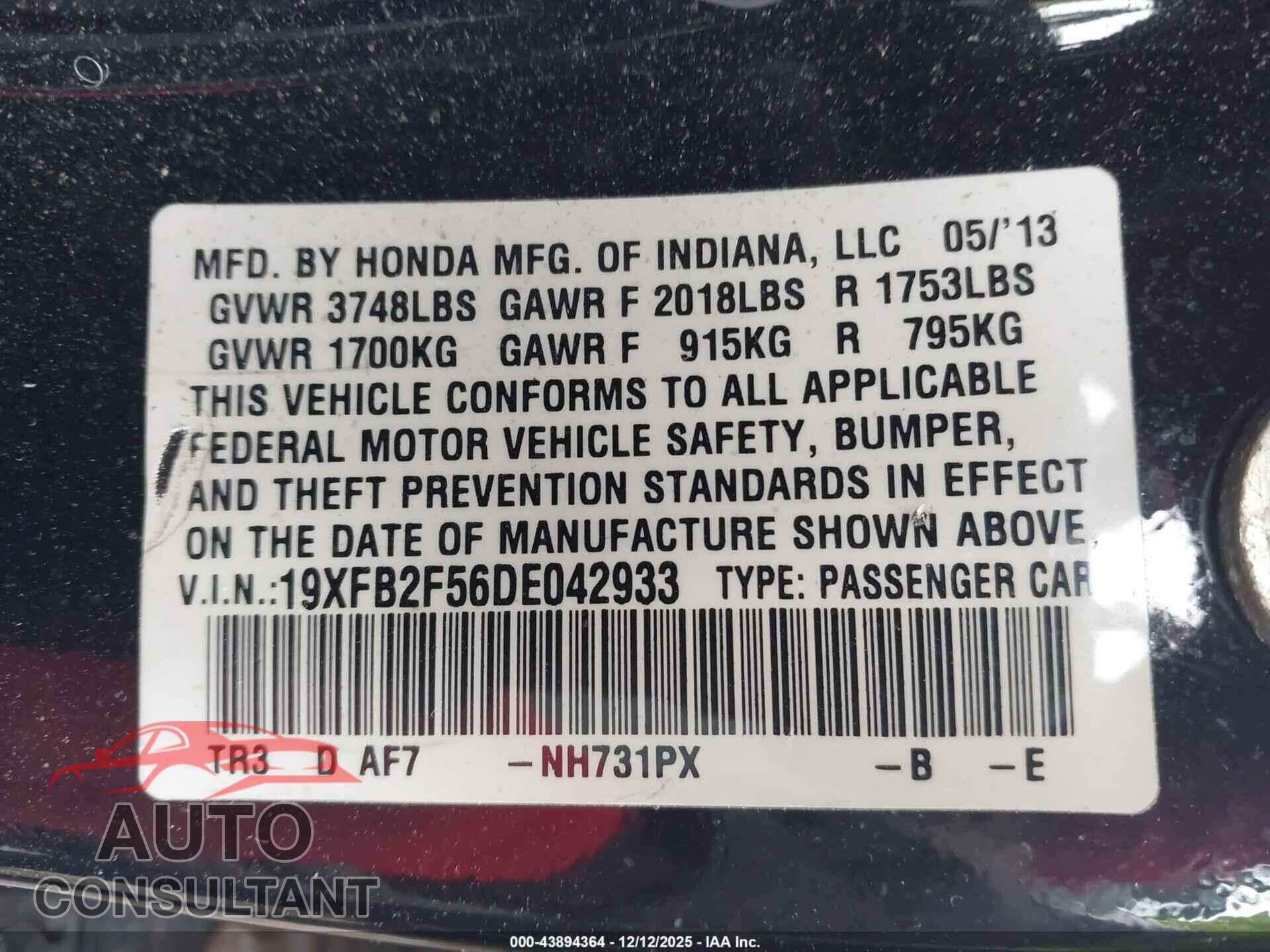 HONDA CIVIC 2013 - 19XFB2F56DE042933