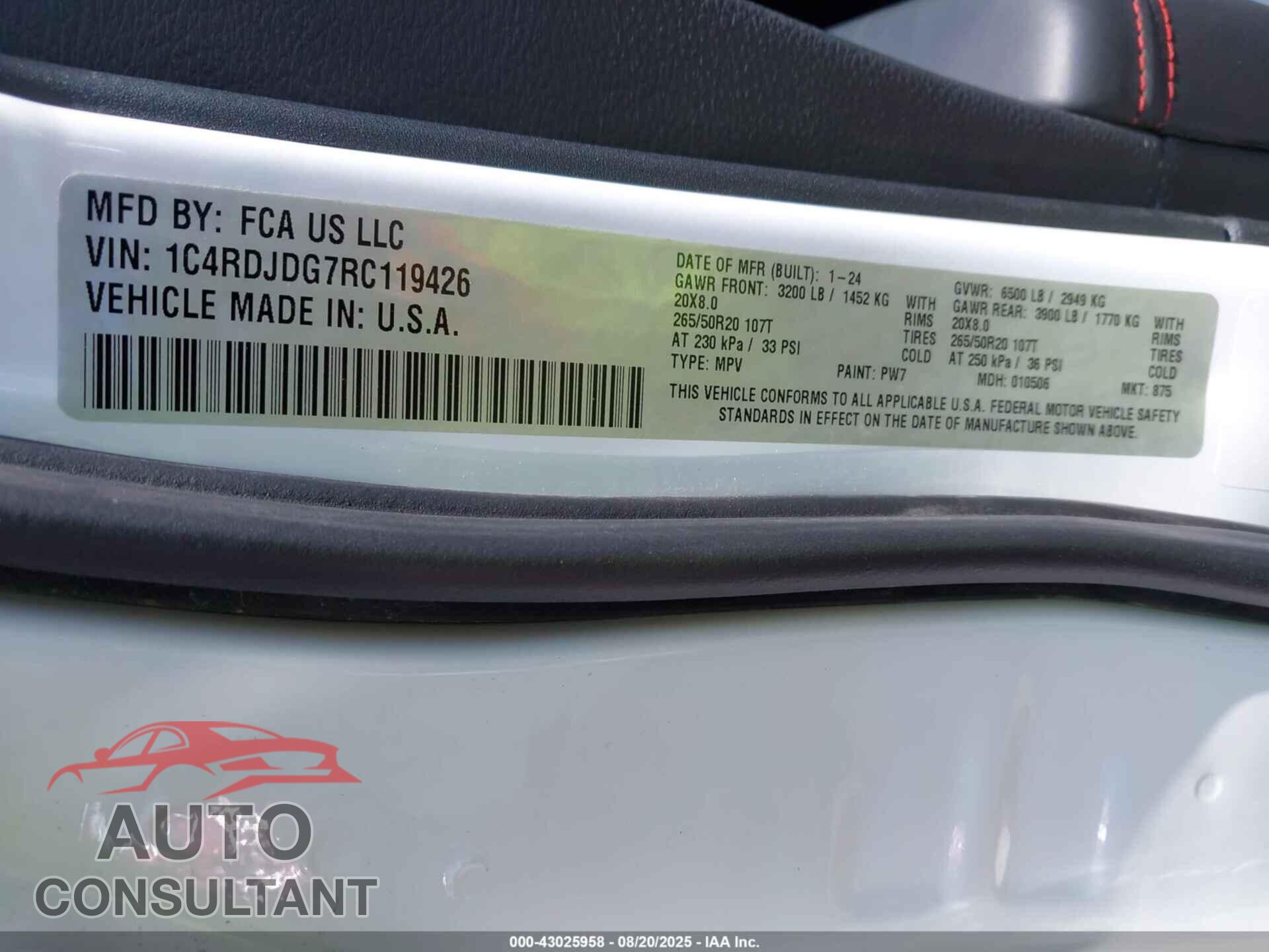 DODGE DURANGO 2024 - 1C4RDJDG7RC119426