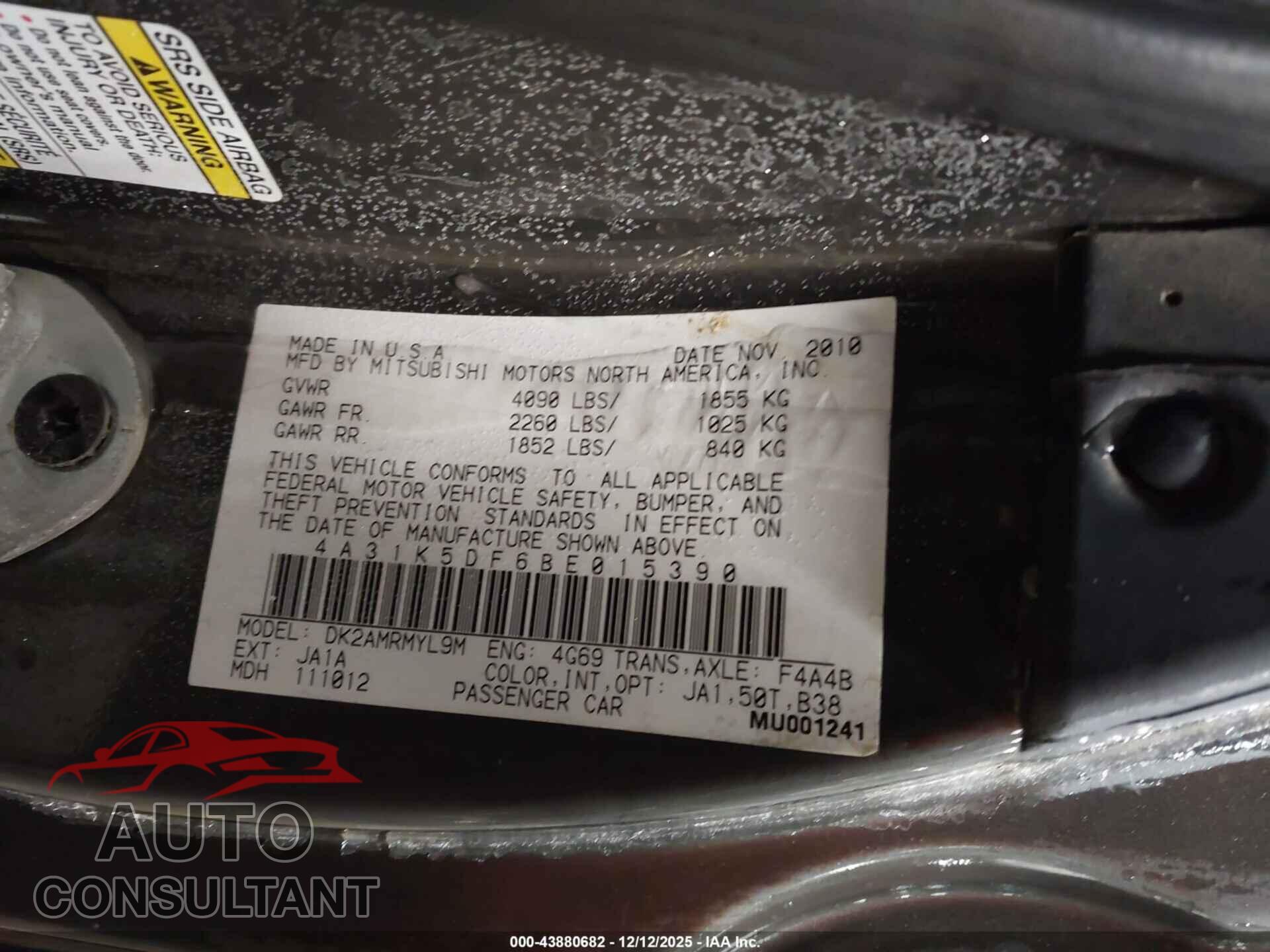 MITSUBISHI ECLIPSE 2011 - 4A31K5DF6BE015390