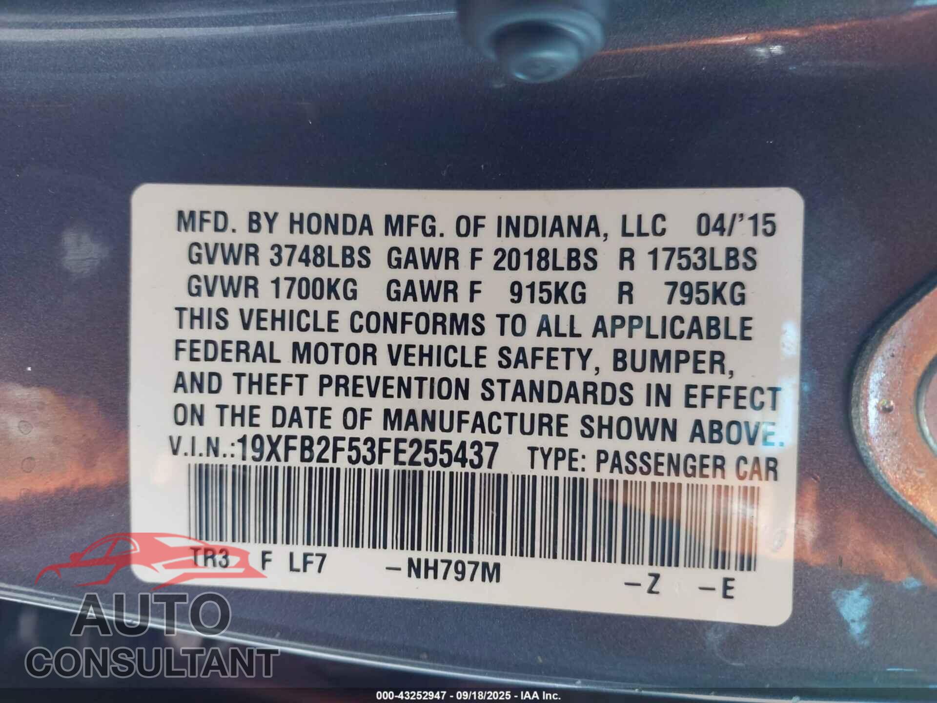 HONDA CIVIC 2015 - 19XFB2F53FE255437