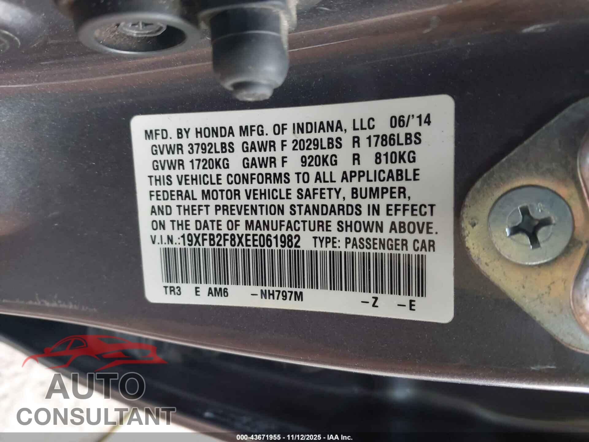 HONDA CIVIC 2014 - 19XFB2F8XEE061982