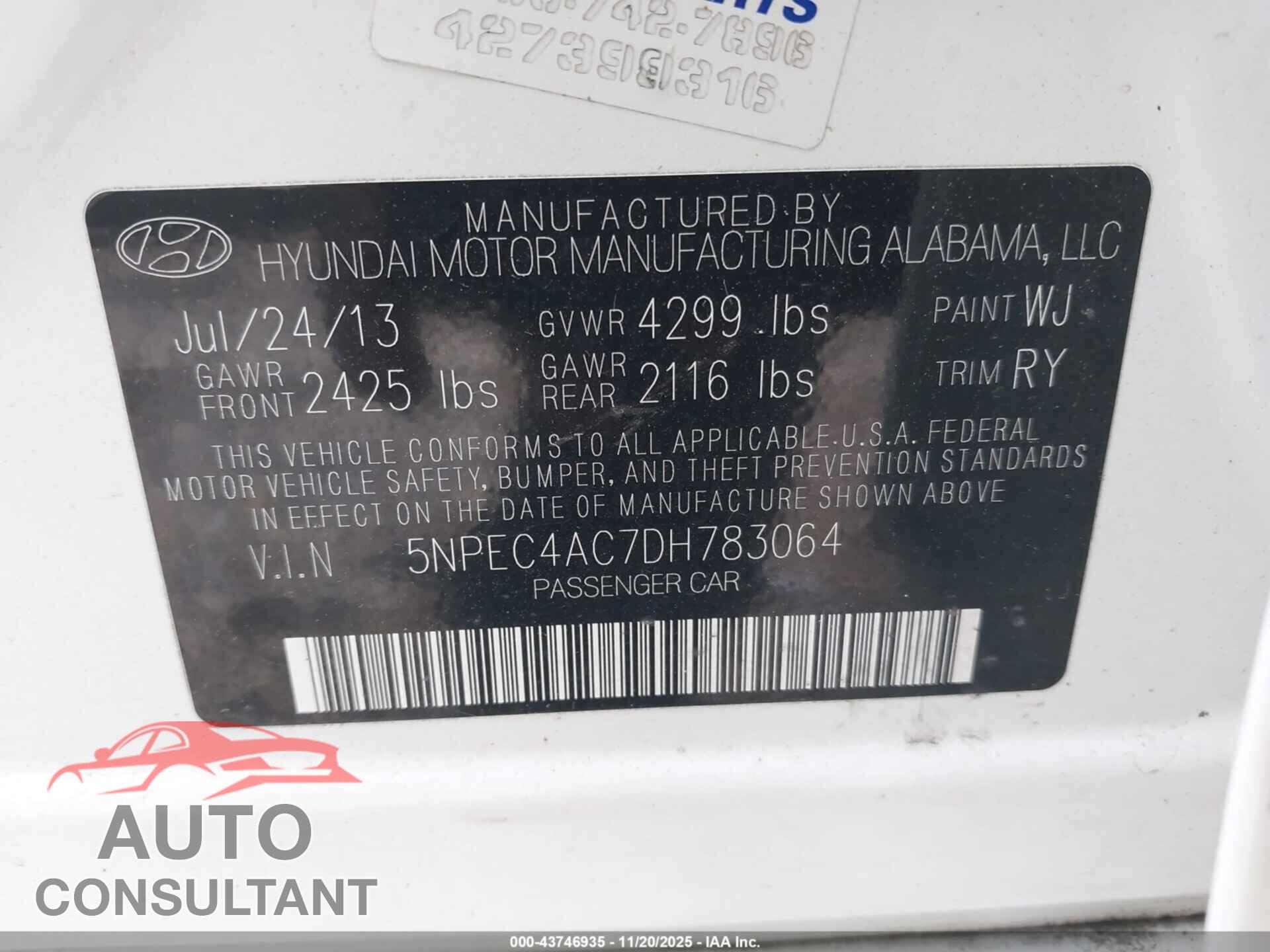 HYUNDAI SONATA 2013 - 5NPEC4AC7DH783064