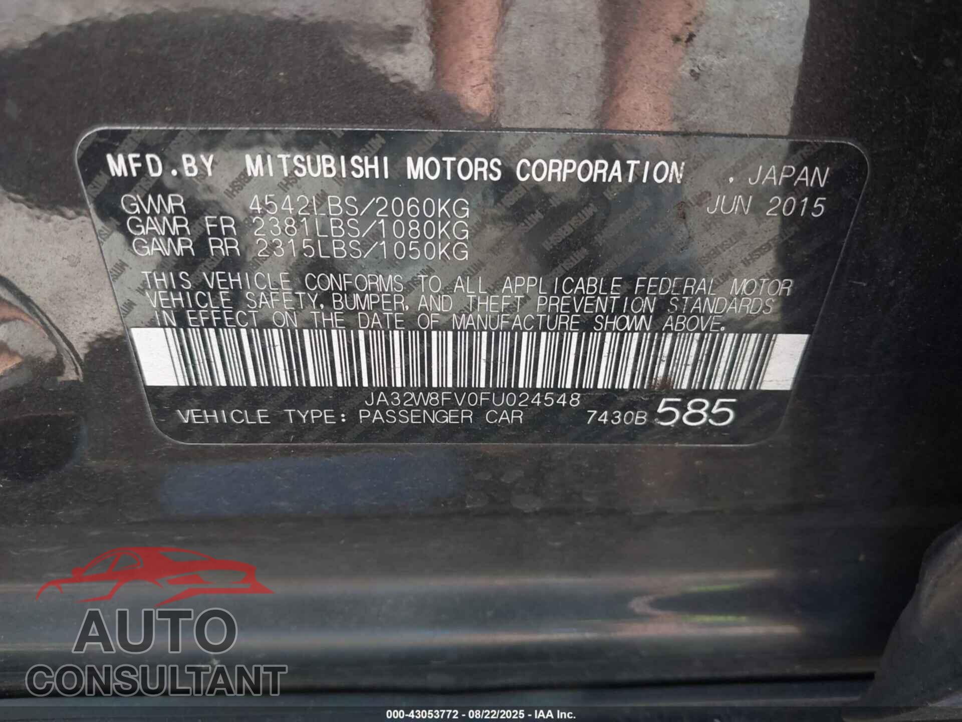 MITSUBISHI LANCER EVOLUTION 2015 - JA32W8FV0FU024548