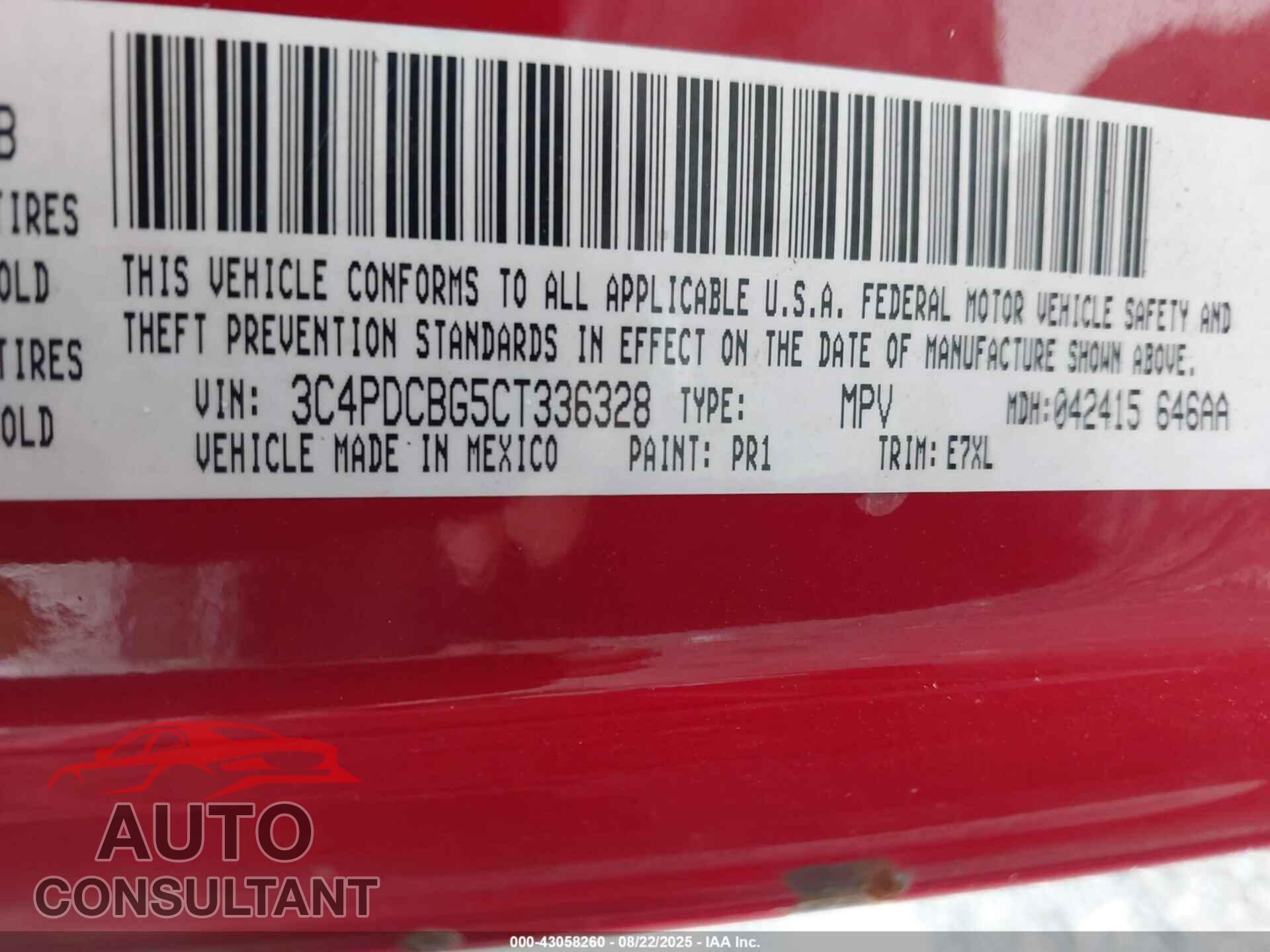 DODGE JOURNEY 2012 - 3C4PDCBG5CT336328