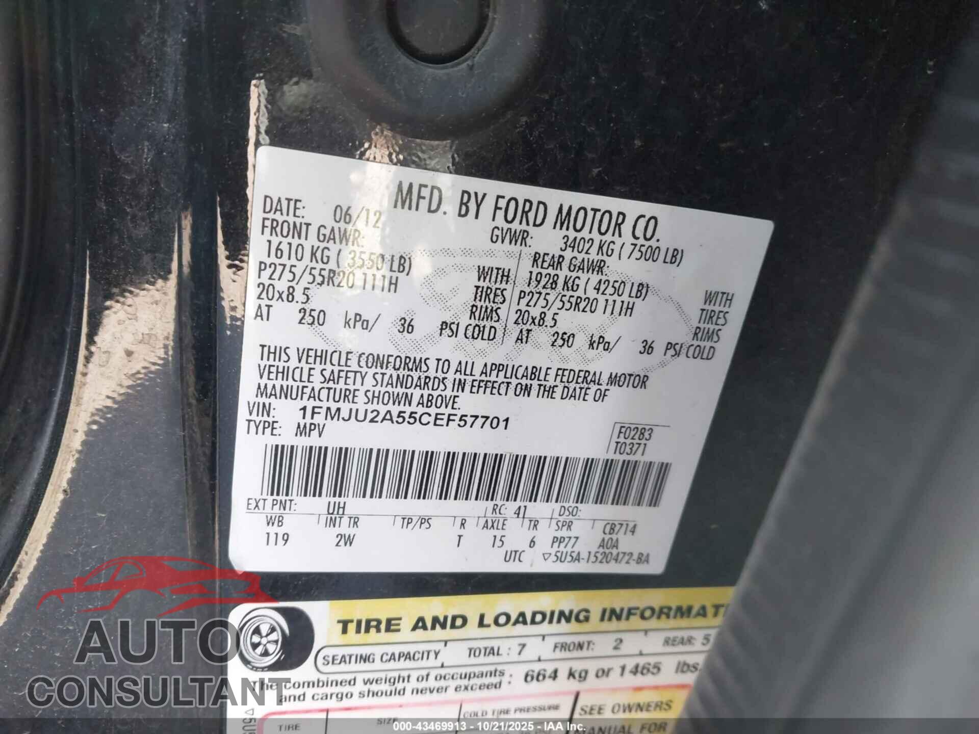 FORD EXPEDITION 2012 - 1FMJU2A55CEF57701