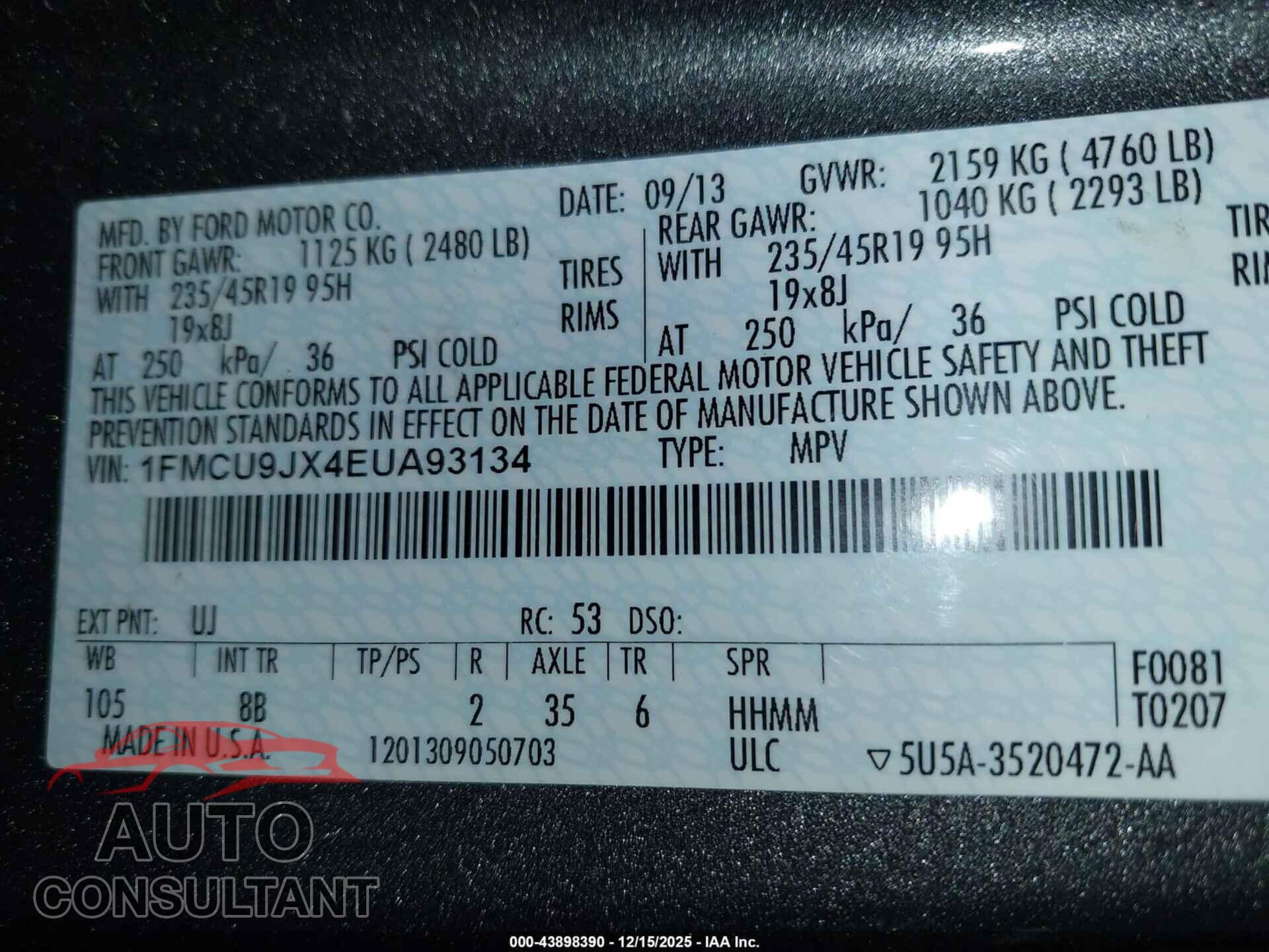 FORD ESCAPE 2014 - 1FMCU9JX4EUA93134