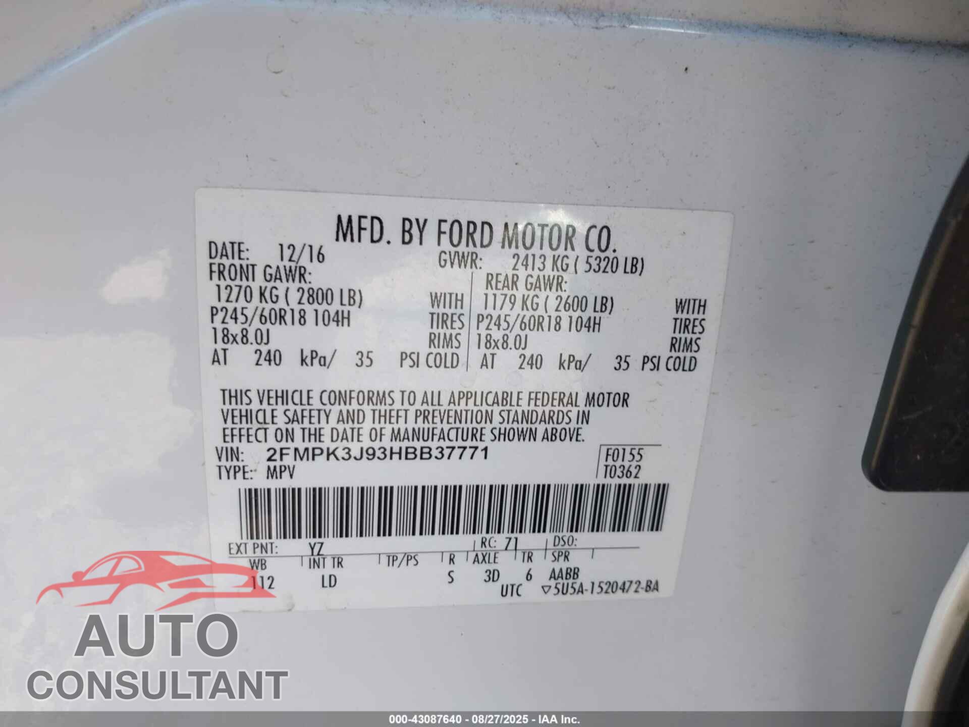 FORD EDGE 2017 - 2FMPK3J93HBB37771