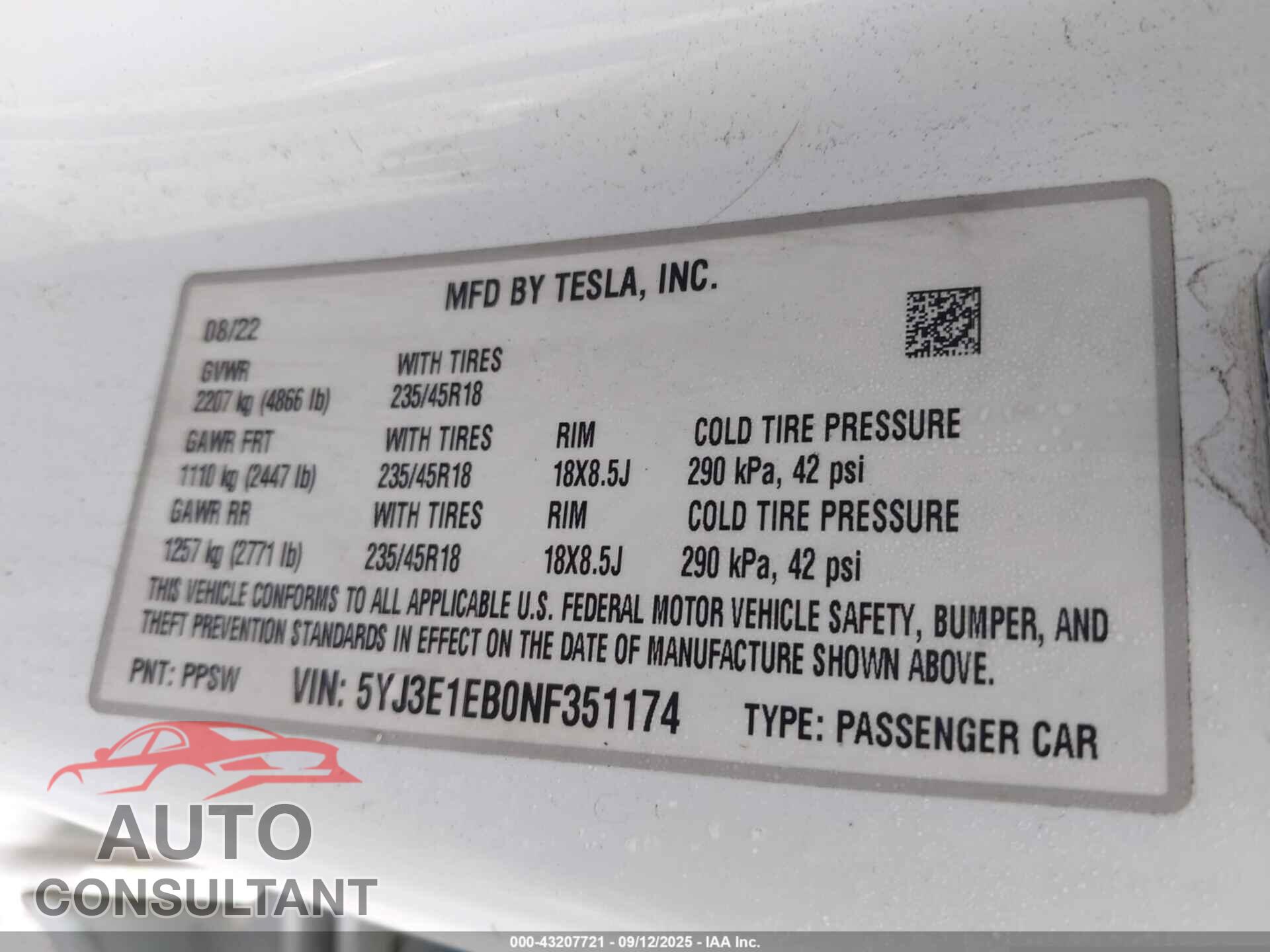 TESLA MODEL 3 2022 - 5YJ3E1EB0NF351174