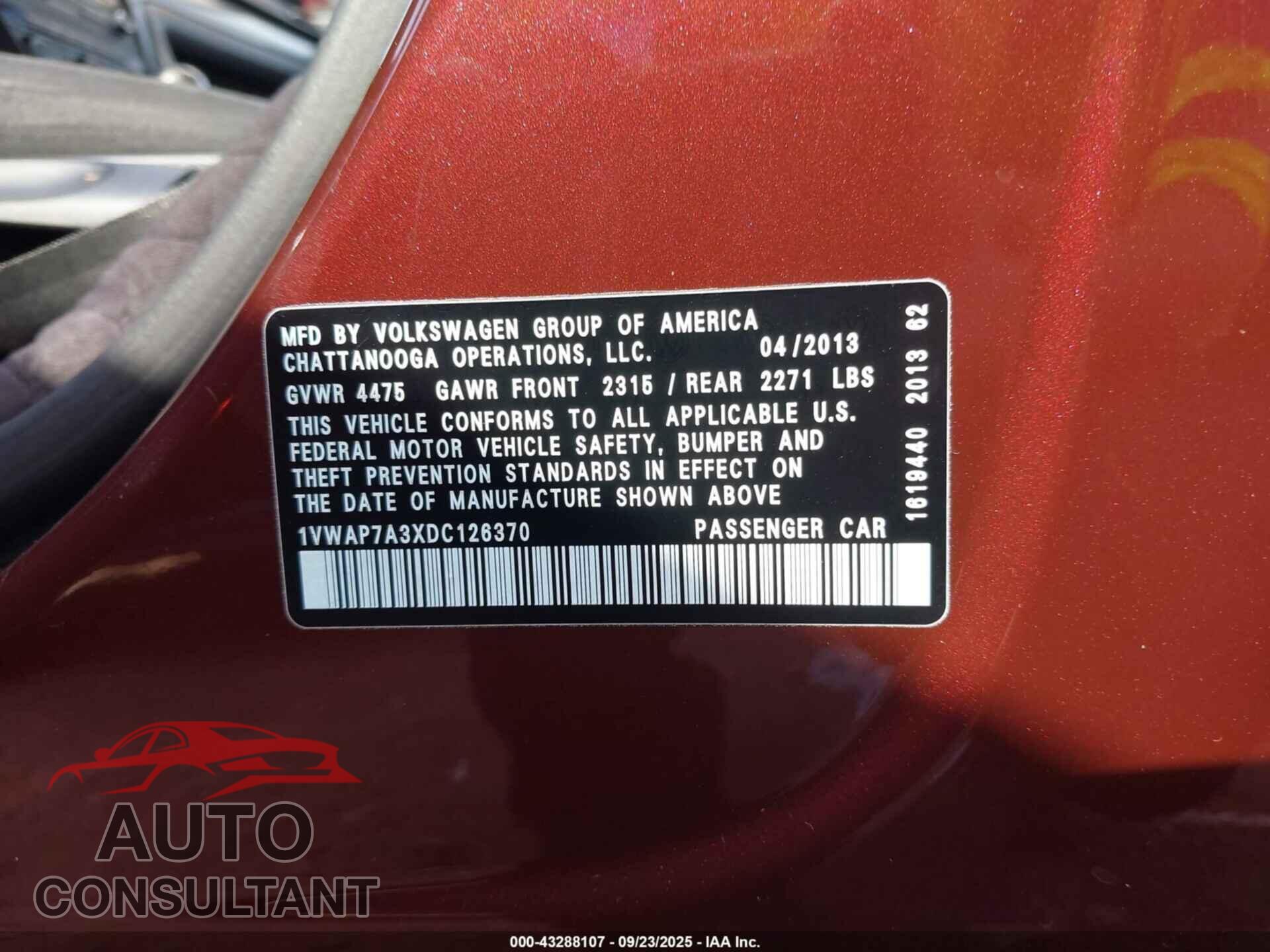 VOLKSWAGEN PASSAT 2013 - 1VWAP7A3XDC126370