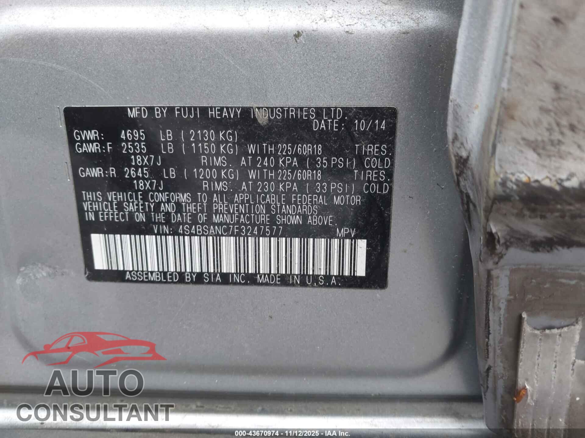 SUBARU OUTBACK 2015 - 4S4BSANC7F3247577