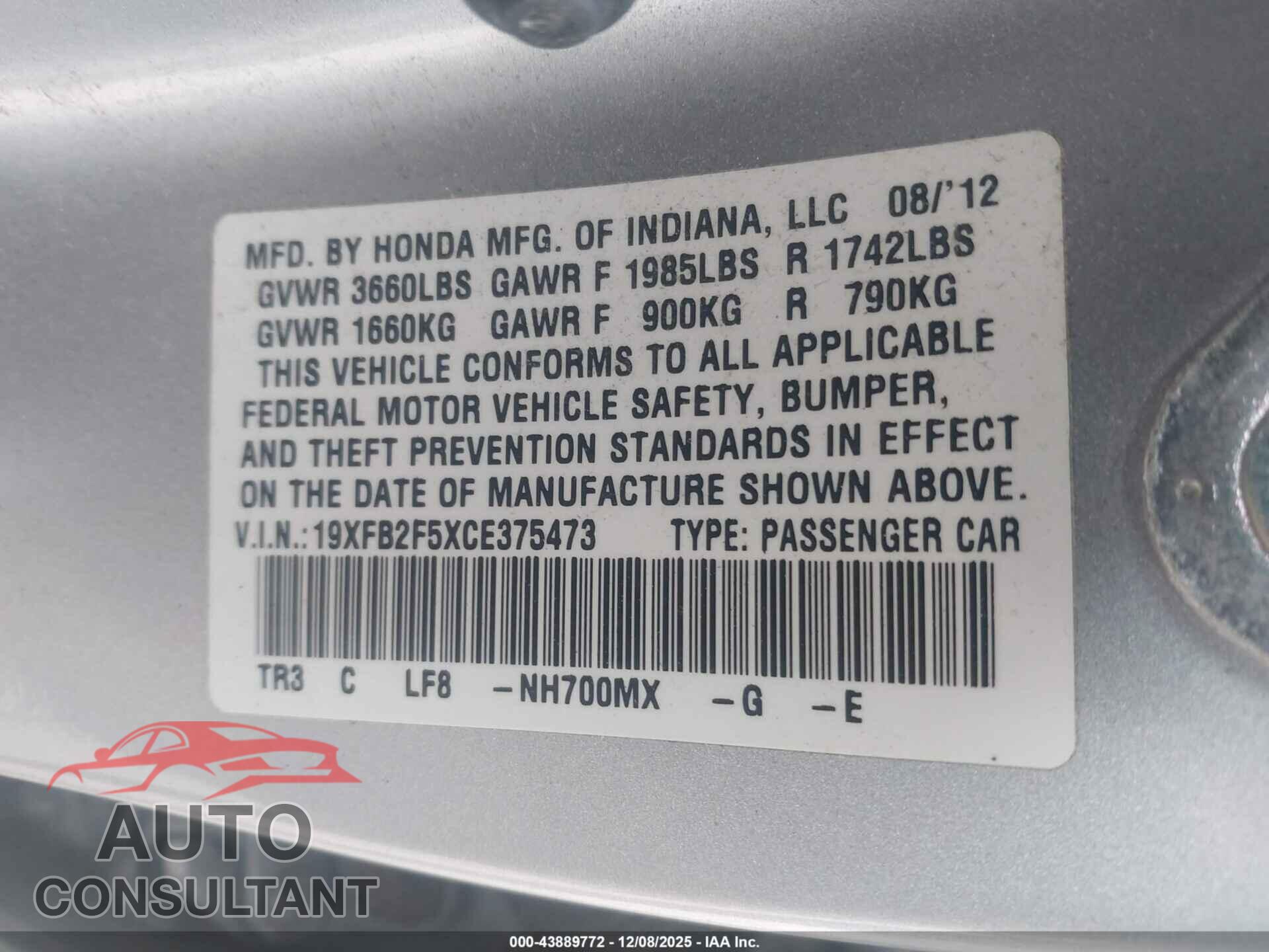 HONDA CIVIC 2012 - 19XFB2F5XCE375473