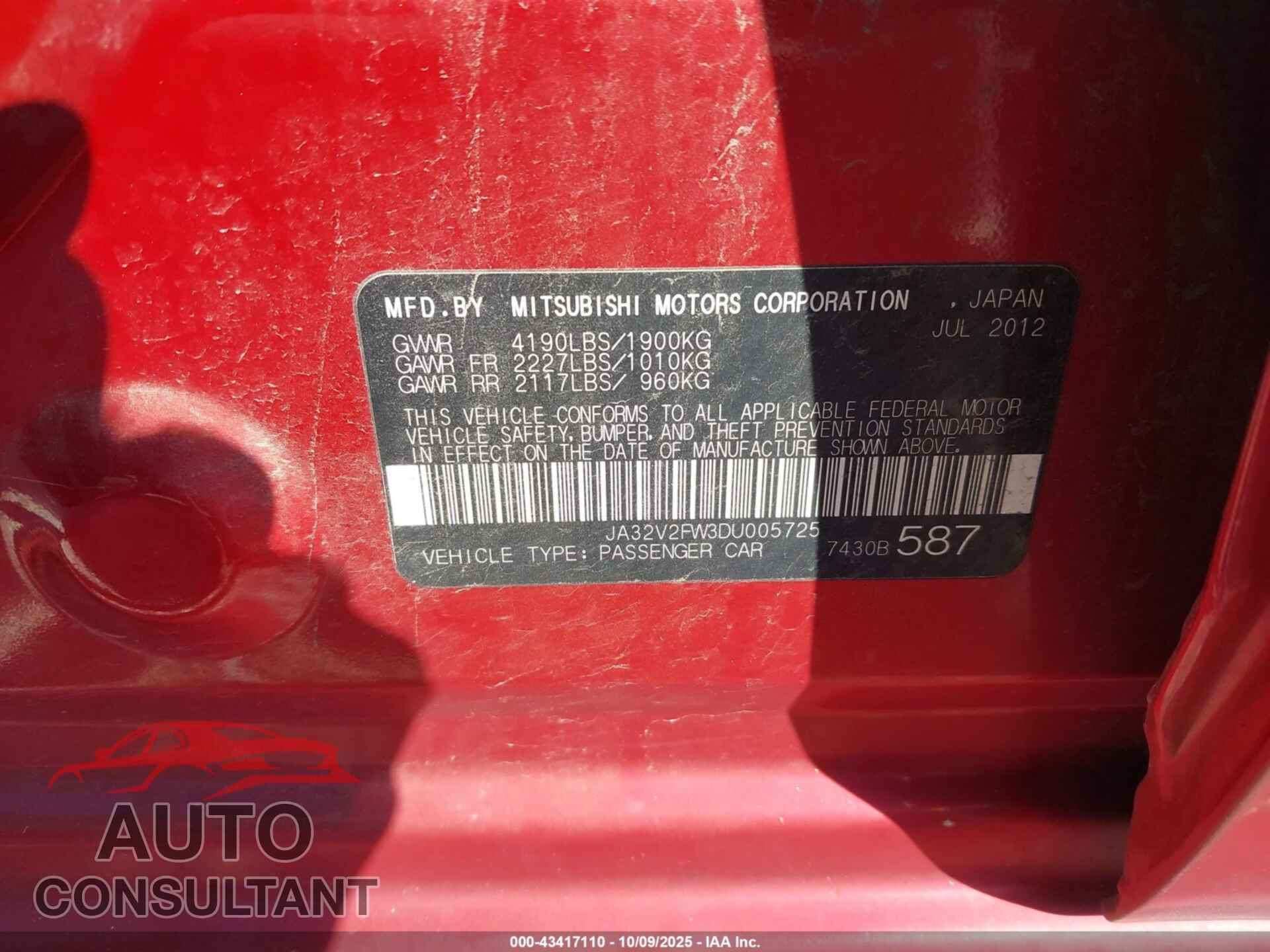 MITSUBISHI LANCER 2013 - JA32V2FW3DU005725