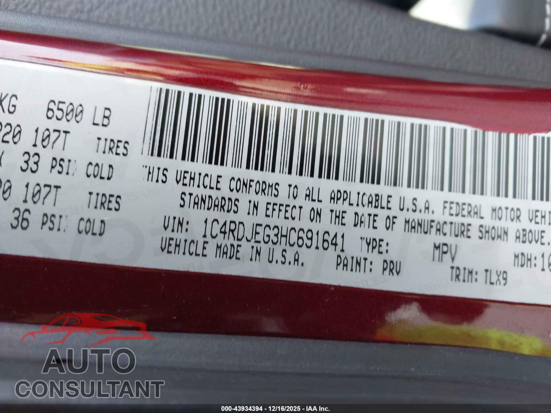 DODGE DURANGO 2017 - 1C4RDJEG3HC691641