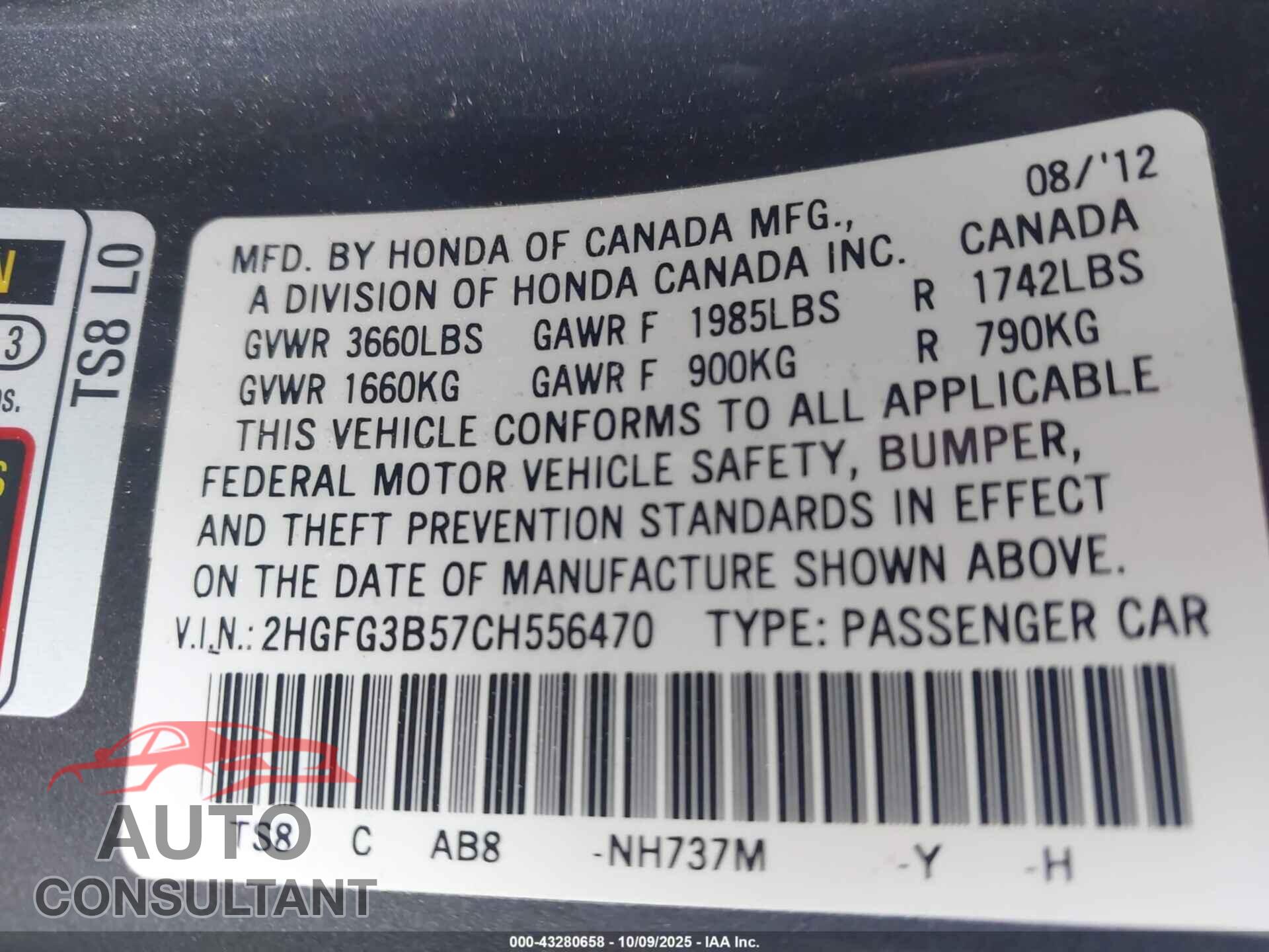 HONDA CIVIC 2012 - 2HGFG3B57CH556470
