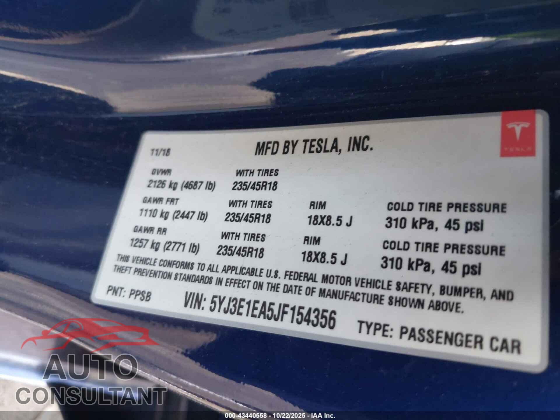 TESLA MODEL 3 2018 - 5YJ3E1EA5JF154356