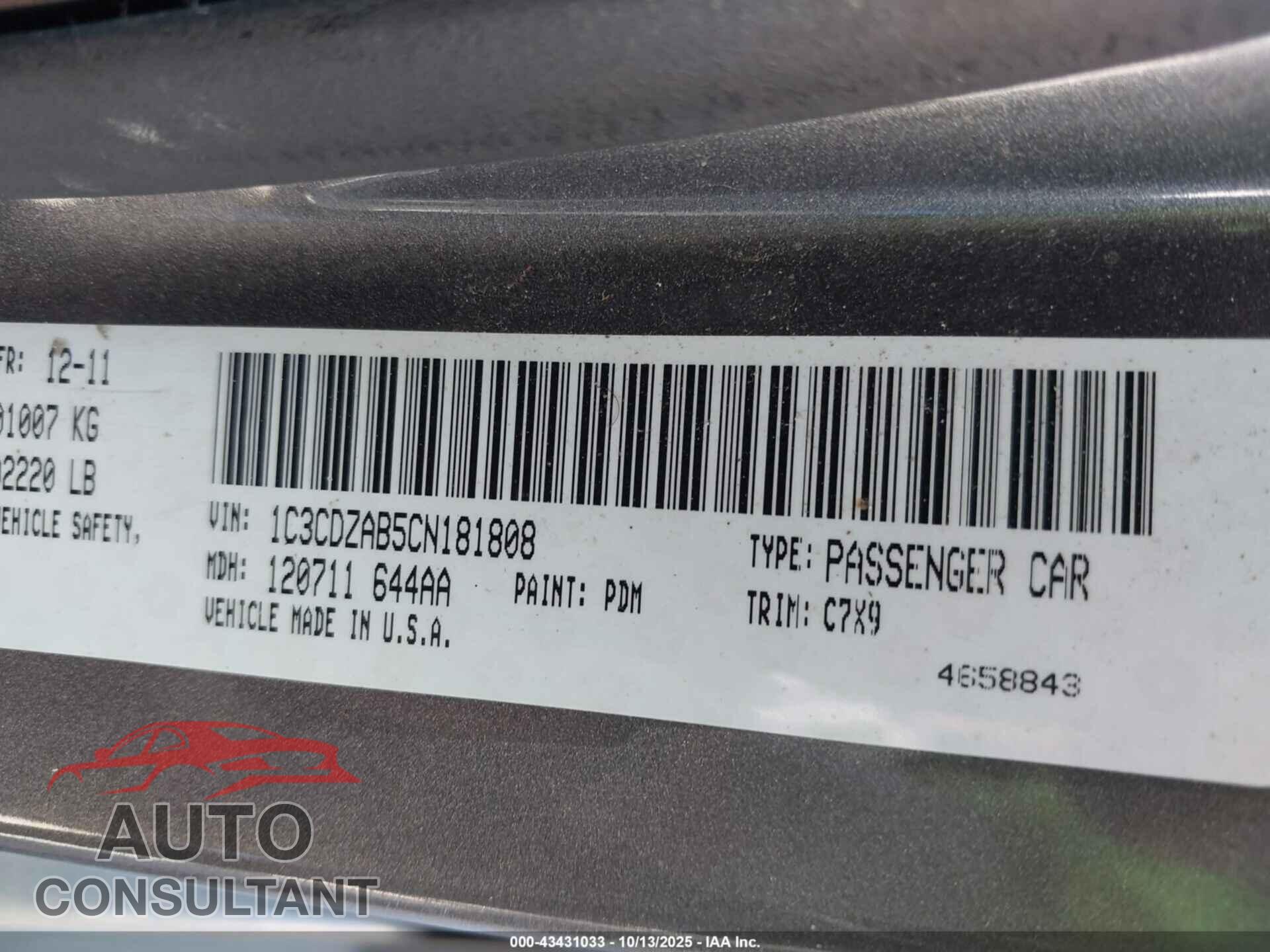 DODGE AVENGER 2012 - 1C3CDZAB5CN181808