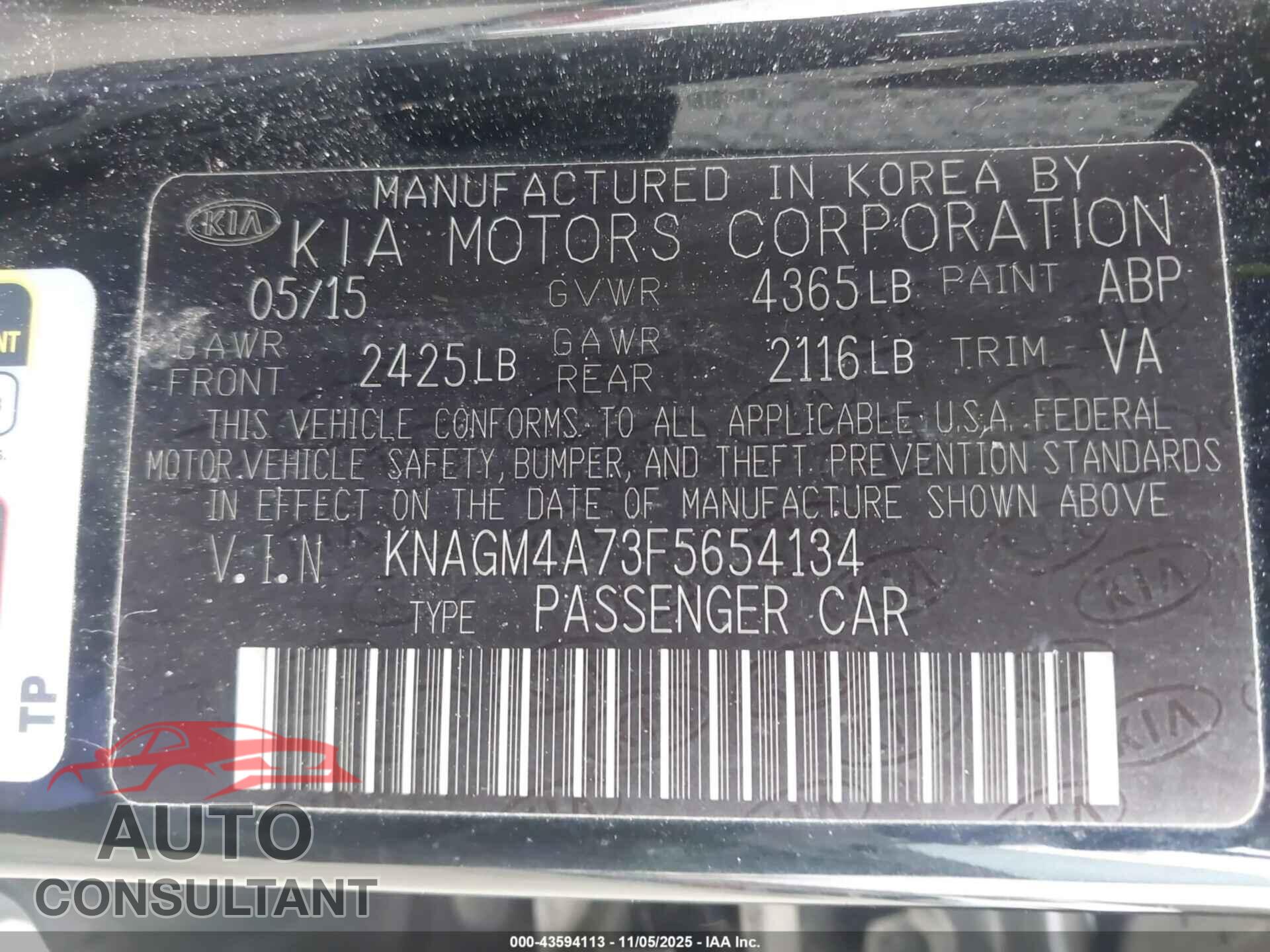 KIA OPTIMA 2015 - KNAGM4A73F5654134