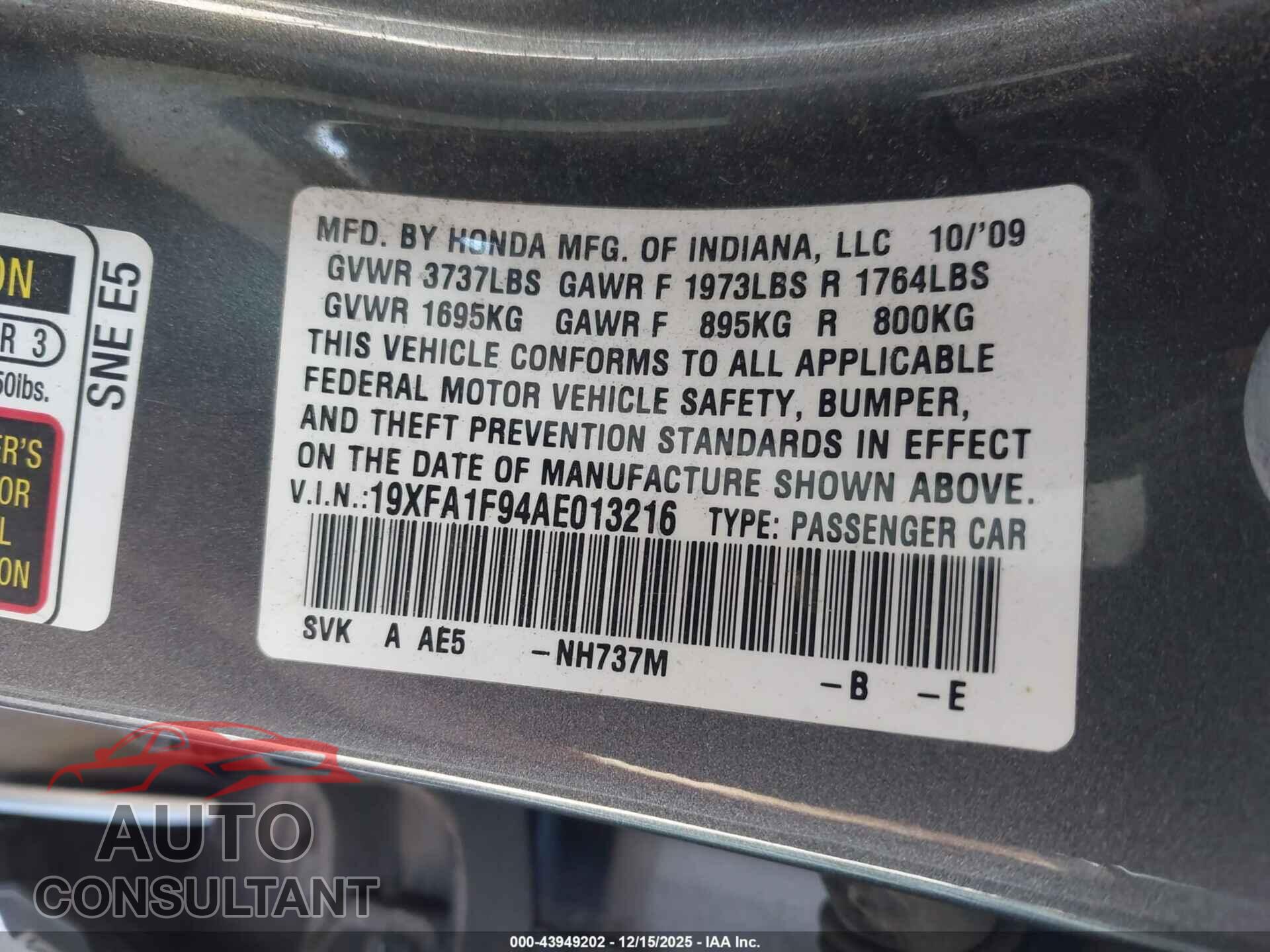 HONDA CIVIC 2010 - 19XFA1F94AE013216