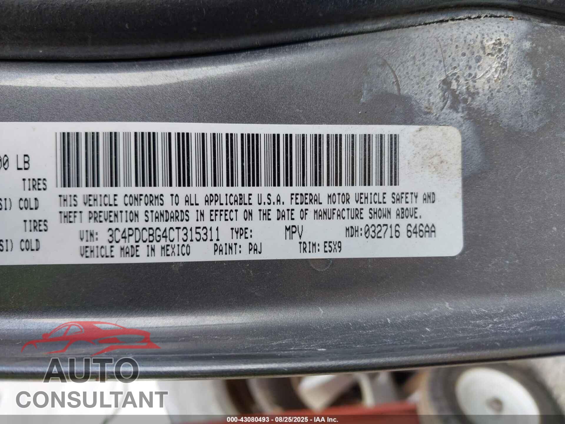 DODGE JOURNEY 2012 - 3C4PDCBG4CT315311