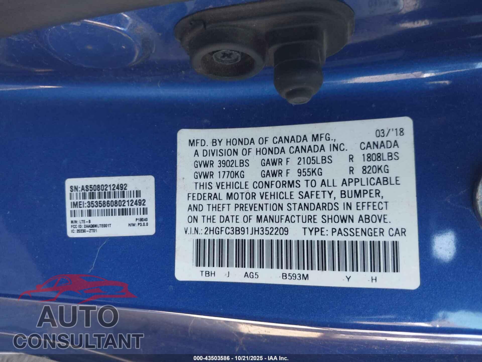 HONDA CIVIC 2018 - 2HGFC3B91JH352209