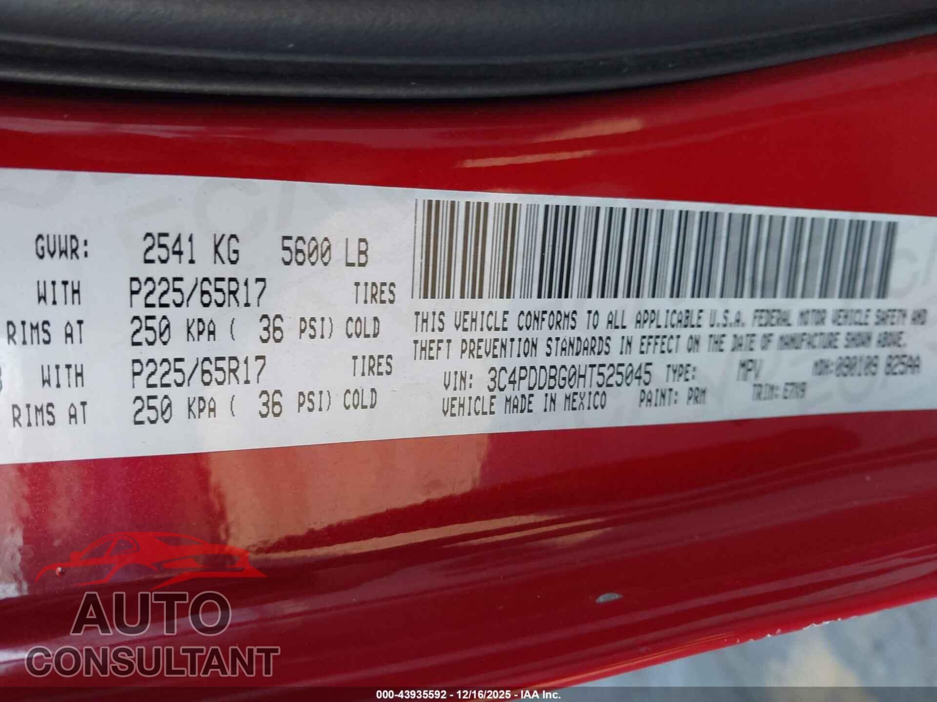 DODGE JOURNEY 2017 - 3C4PDDBG0HT525045