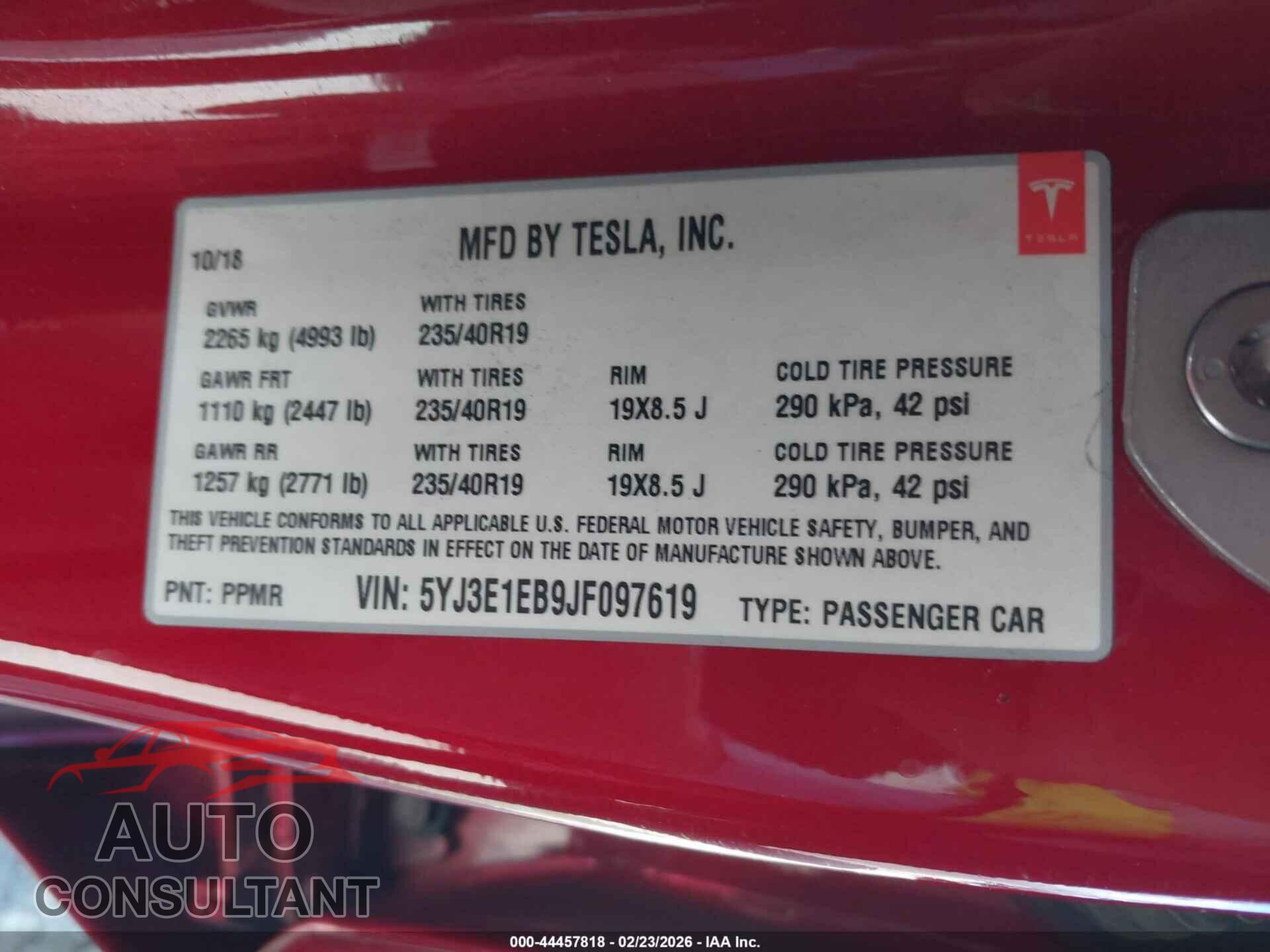 TESLA MODEL 3 2018 - 5YJ3E1EB9JF097619