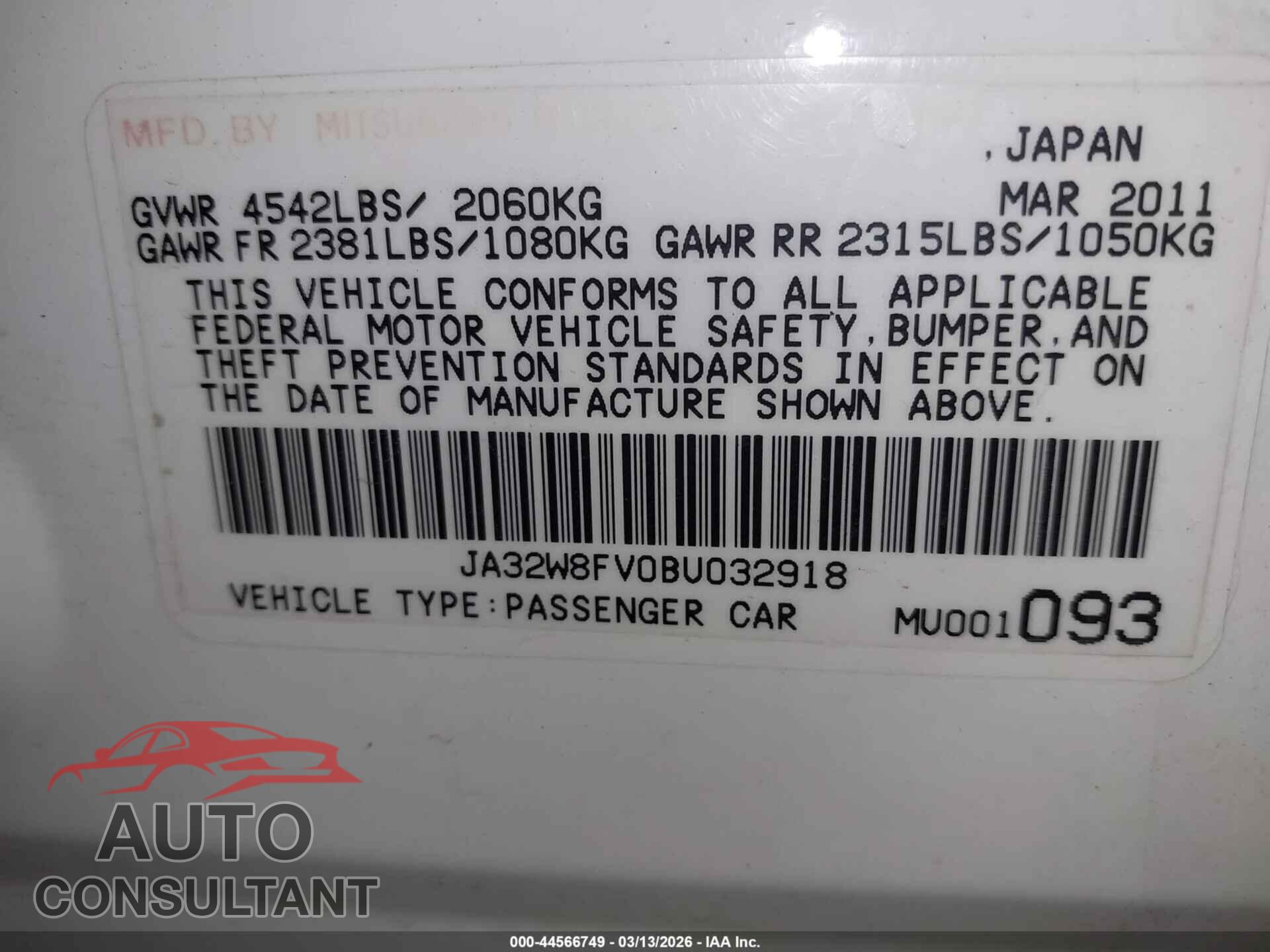 MITSUBISHI LANCER EVOLUTION 2011 - JA32W8FV0BU032918