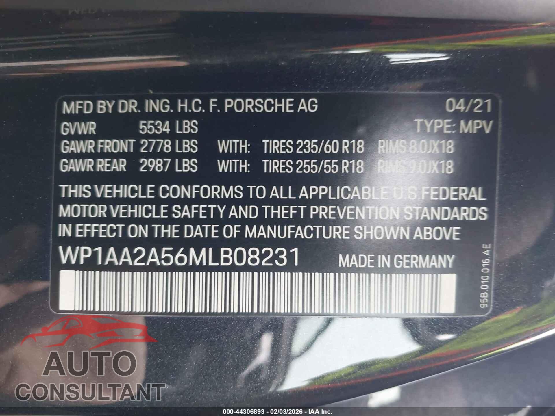 PORSCHE MACAN 2021 - WP1AA2A56MLB08231