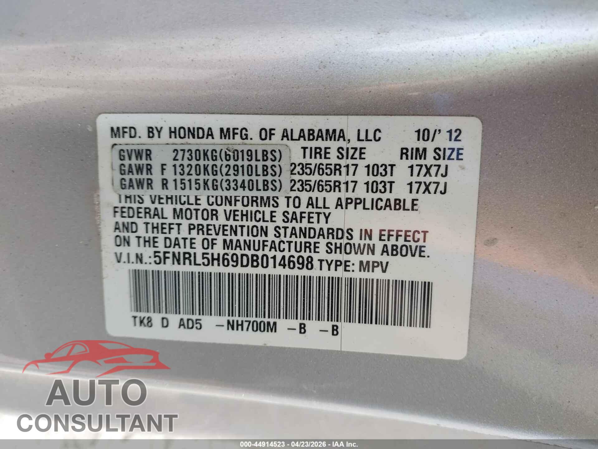 HONDA ODYSSEY 2013 - 5FNRL5H69DB014698