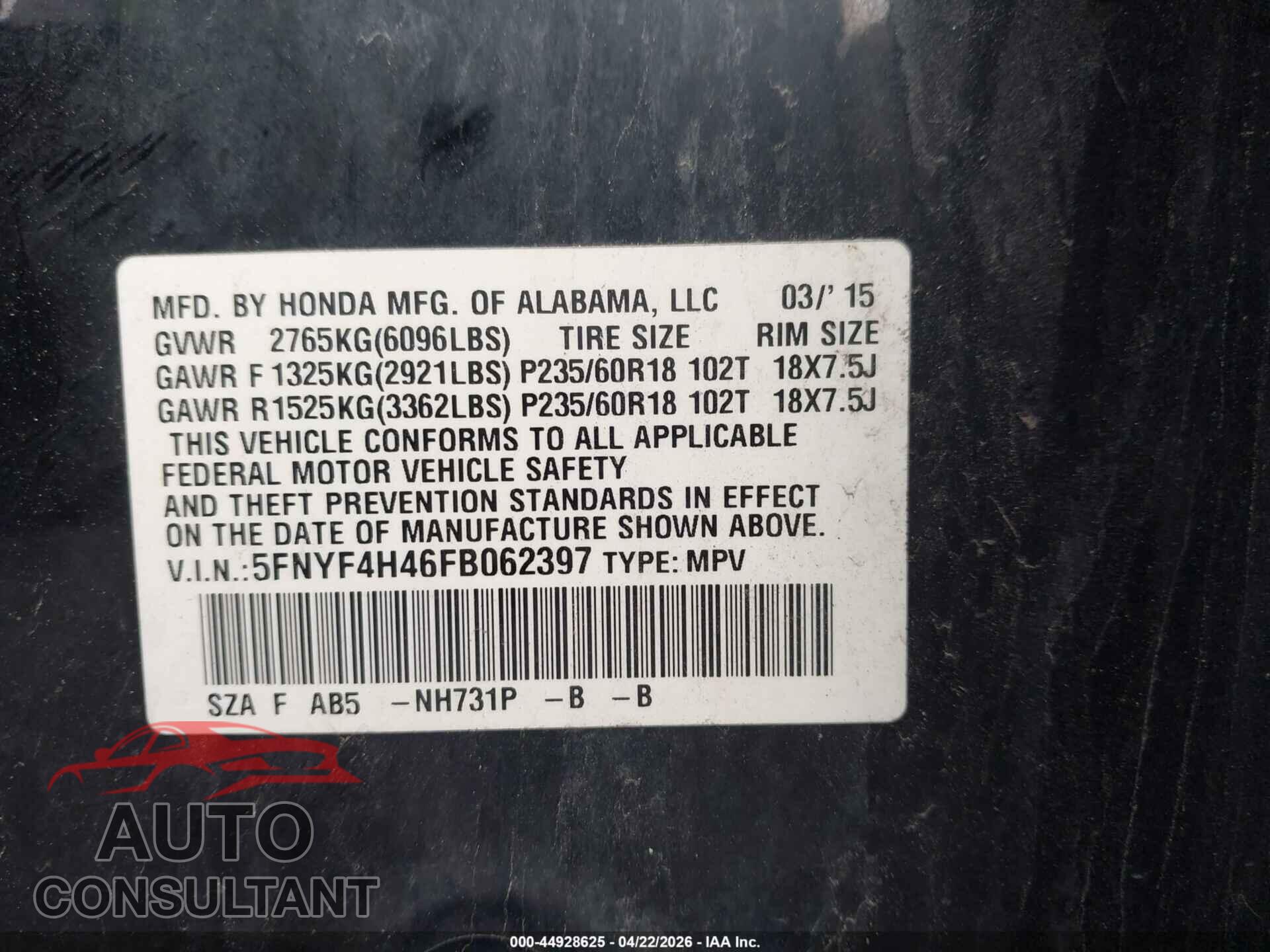 HONDA PILOT 2015 - 5FNYF4H46FB062397