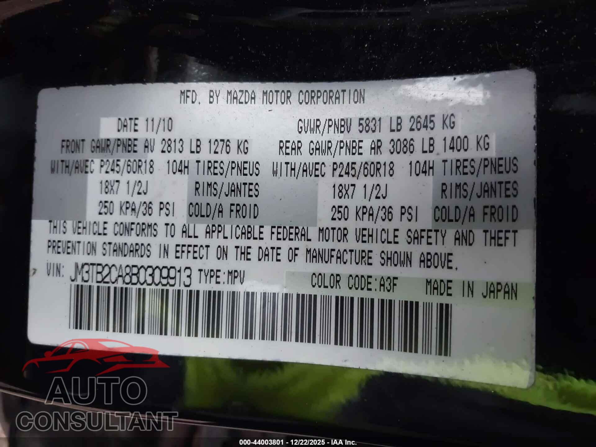 MAZDA CX-9 2011 - JM3TB2CA8B0309913