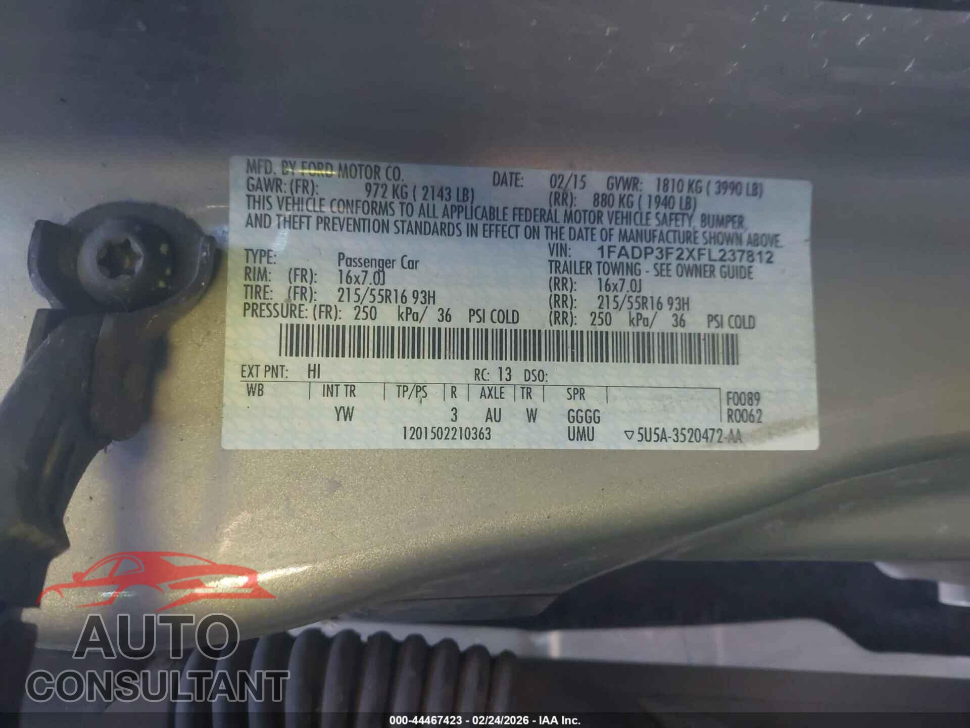 FORD FOCUS 2015 - 1FADP3F2XFL237812
