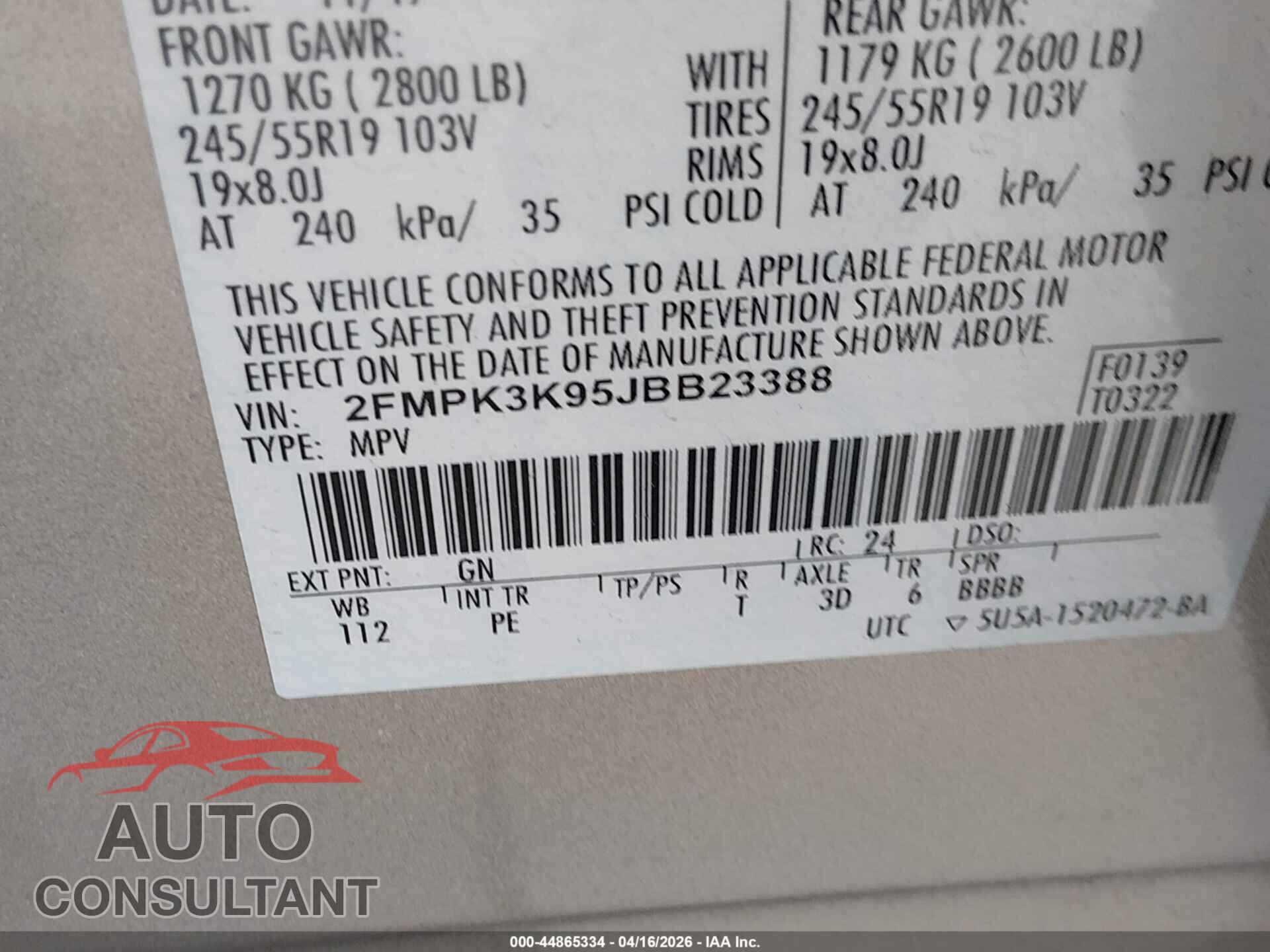 FORD EDGE 2018 - 2FMPK3K95JBB23388