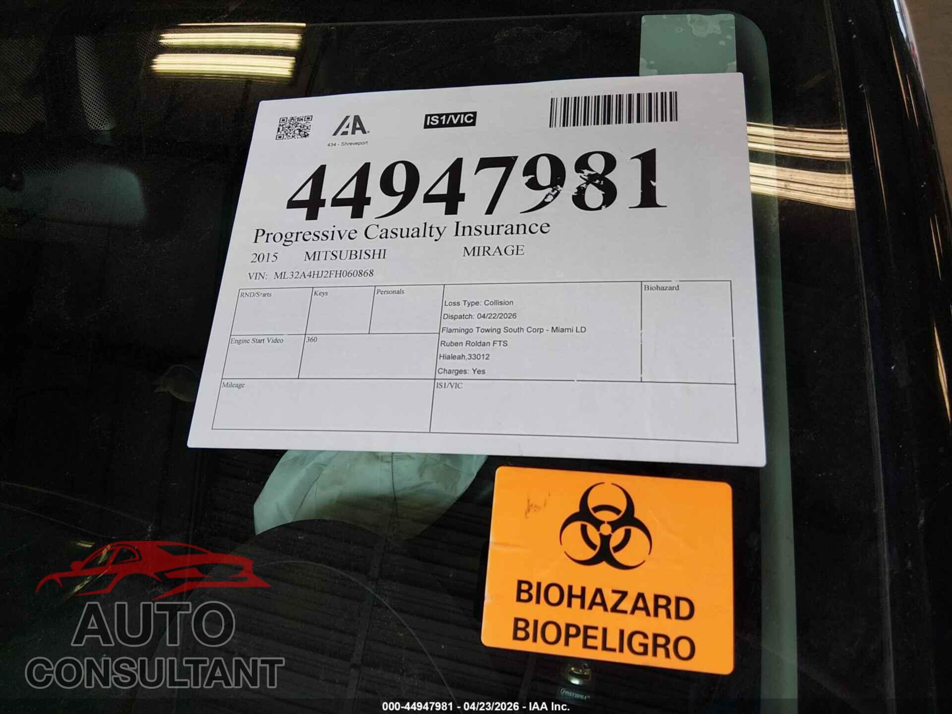 MITSUBISHI MIRAGE 2015 - ML32A4HJ2FH060868