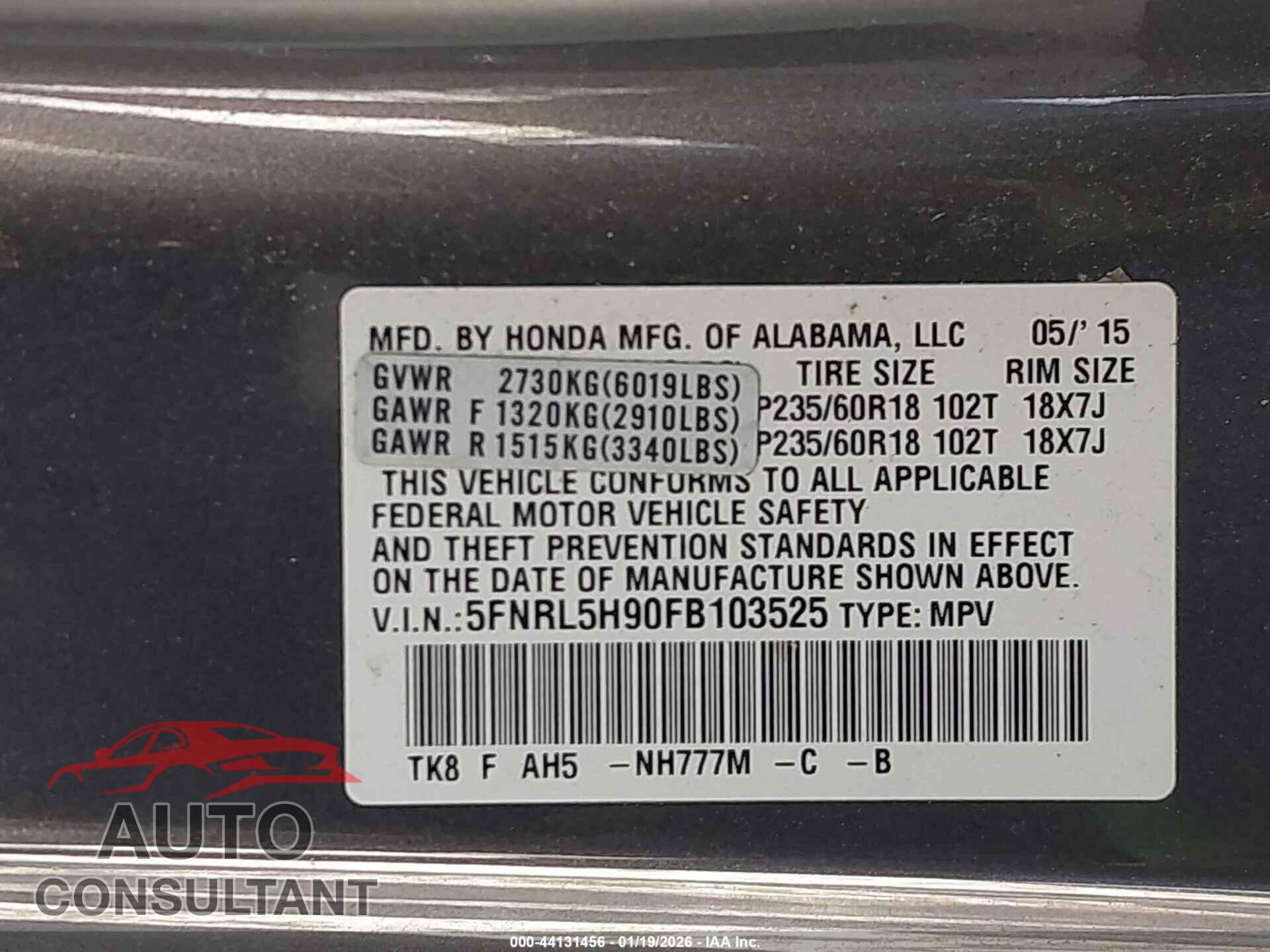 HONDA ODYSSEY 2015 - 5FNRL5H90FB103525