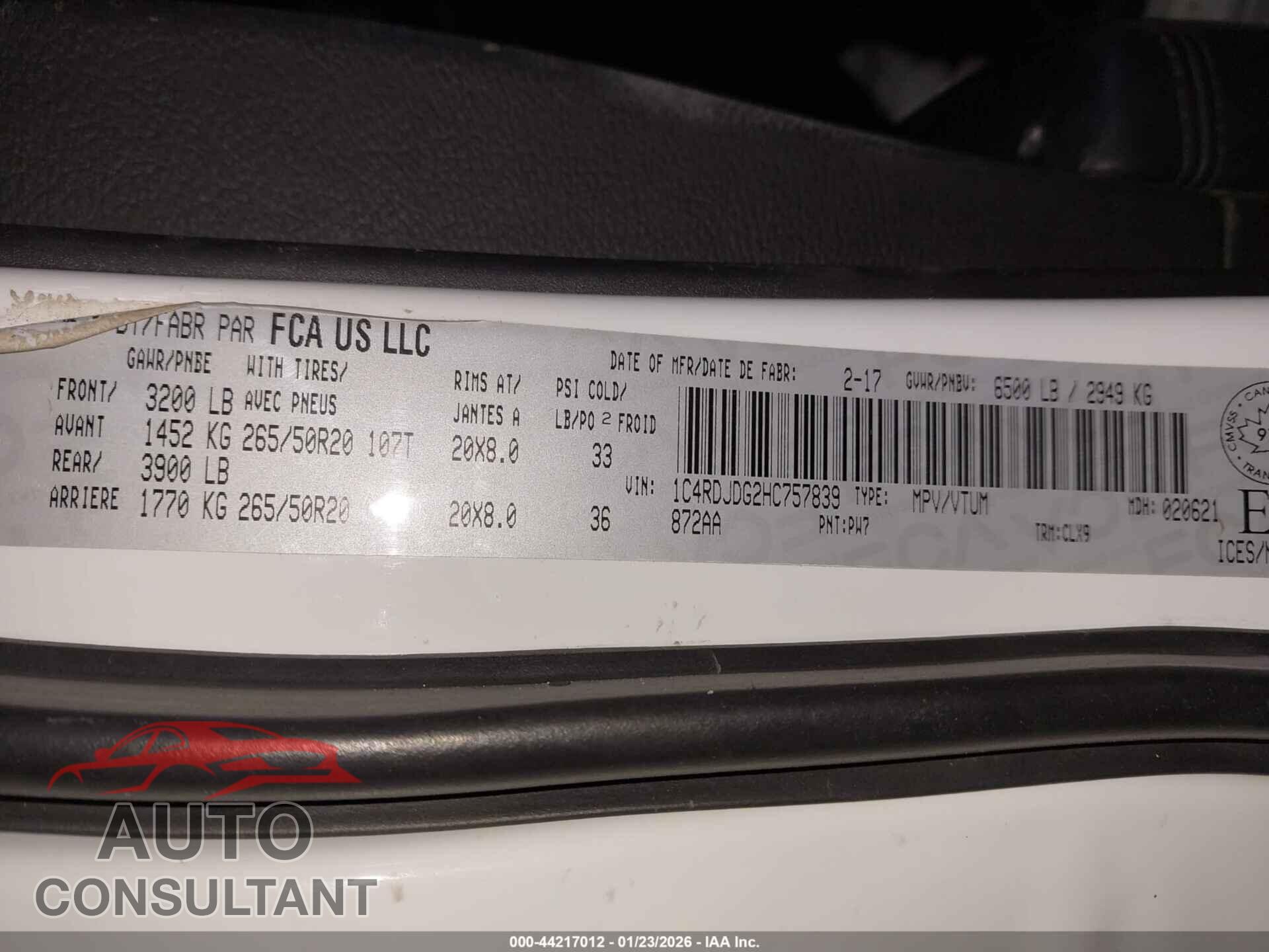DODGE DURANGO 2017 - 1C4RDJDG2HC757839