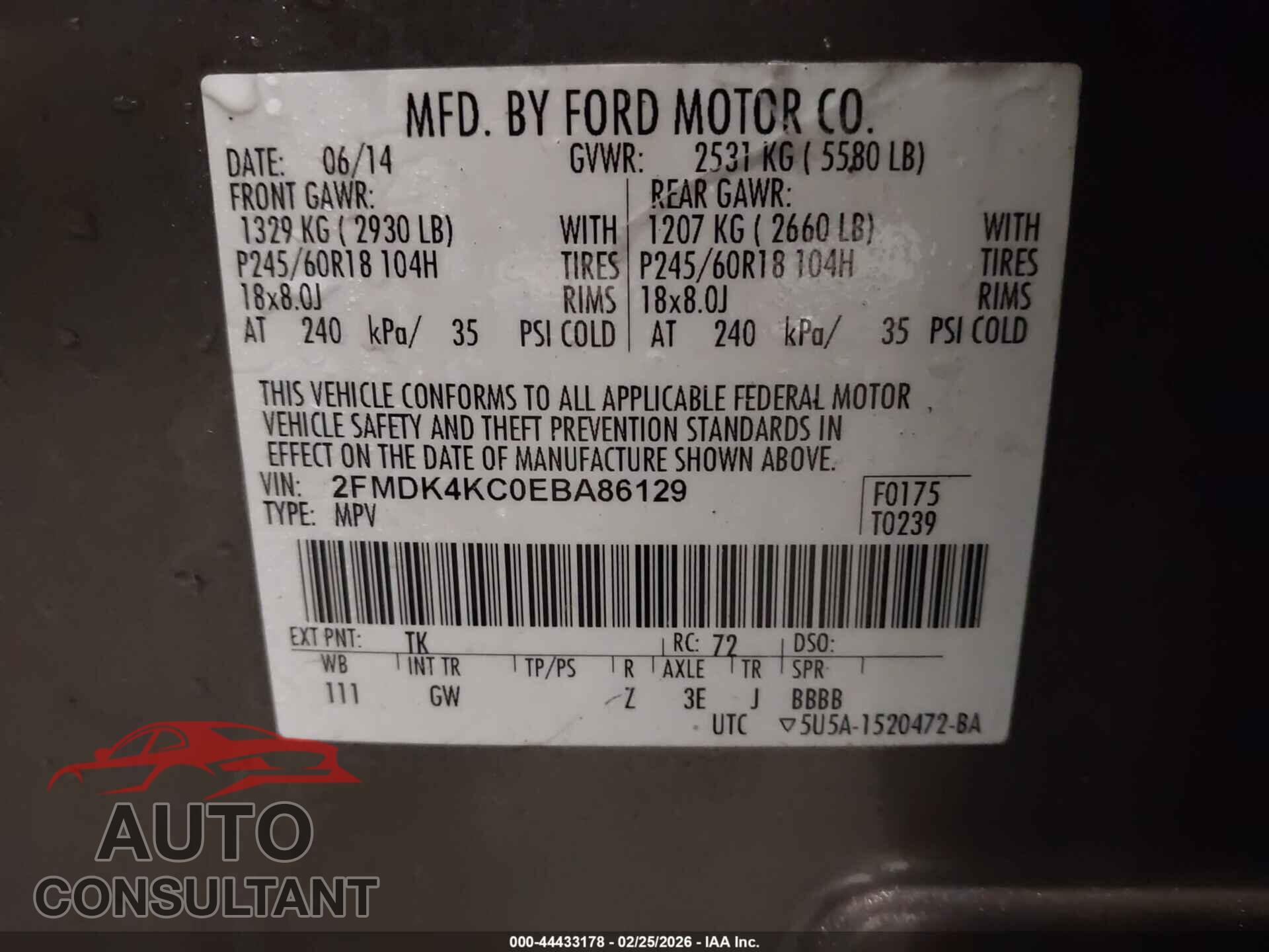FORD EDGE 2014 - 2FMDK4KC0EBA86129