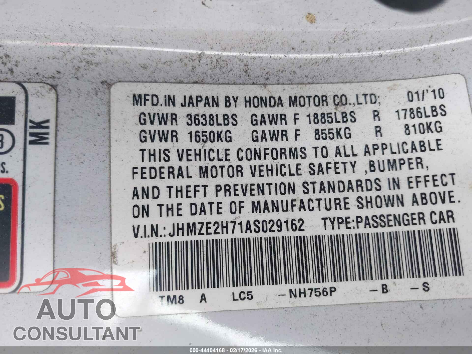 HONDA INSIGHT 2010 - JHMZE2H71AS029162