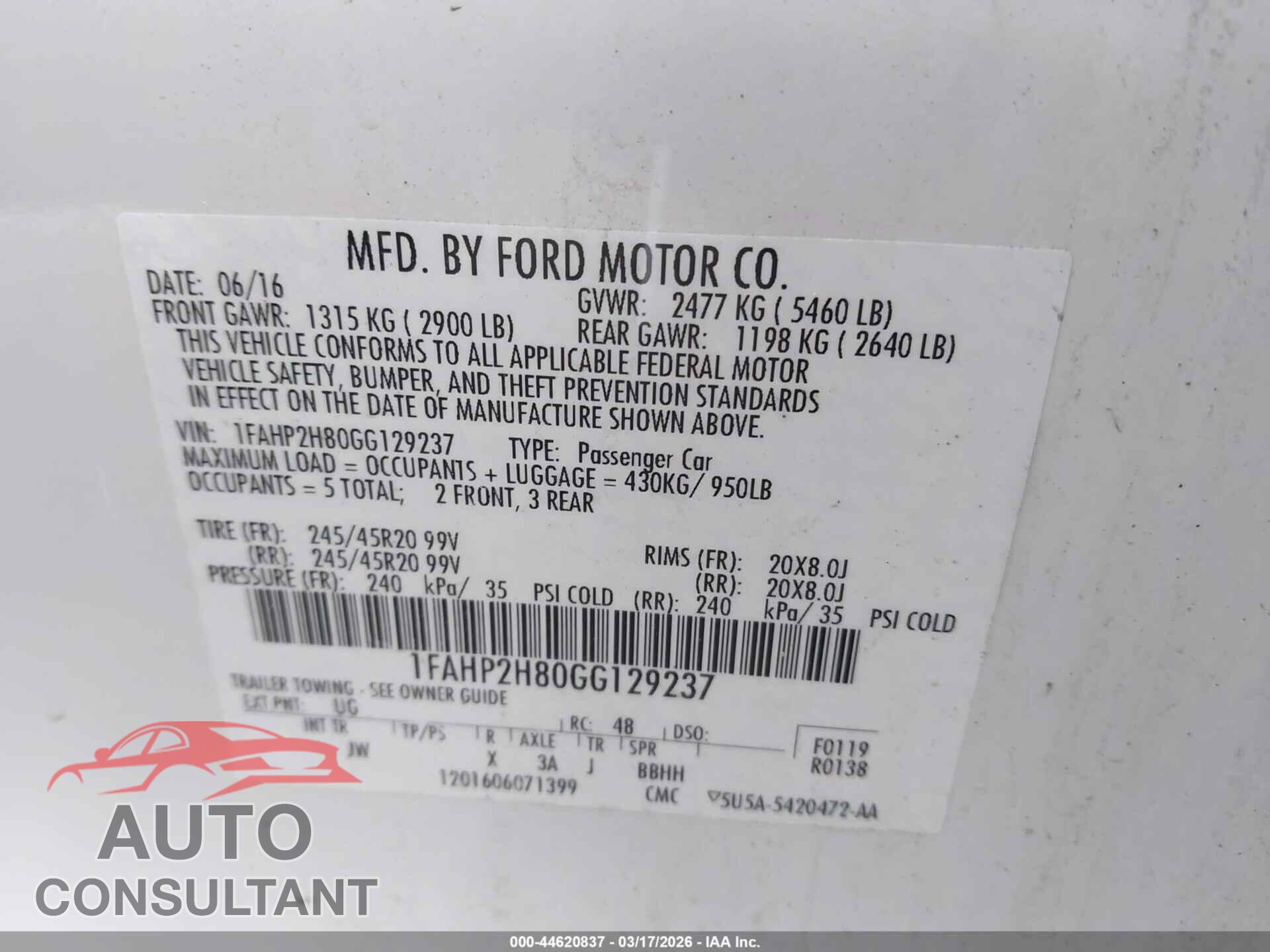 FORD TAURUS 2016 - 1FAHP2H80GG129237