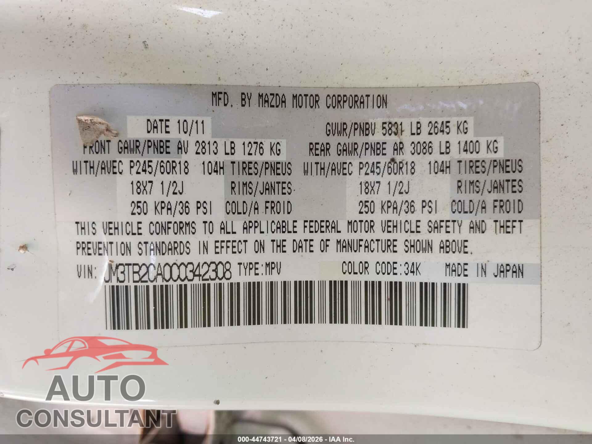 MAZDA CX-9 2012 - JM3TB2CA0C0342308